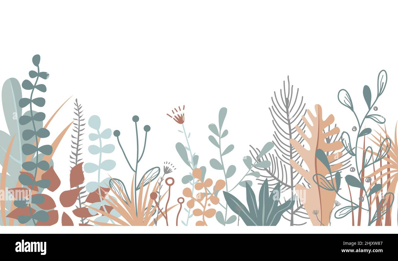 Feuillage abstrait, illustration vectorielle plate des feuilles de plantes.Modèle de bannière de collection de plantes.Magnifique motif fleuri de style scandinave Illustration de Vecteur