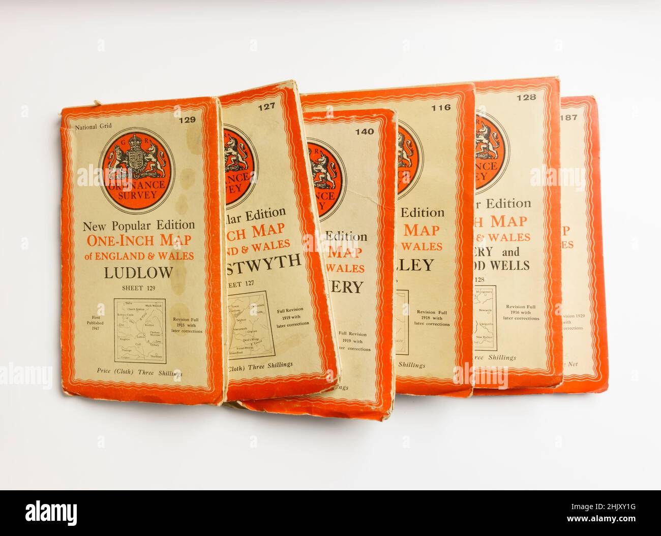 Antique Ordnance Survey 1946 1947 cartes d'un pouce de l'Angleterre et du pays de Galles.Ludlow, Aberystwyth, Banque D'Images