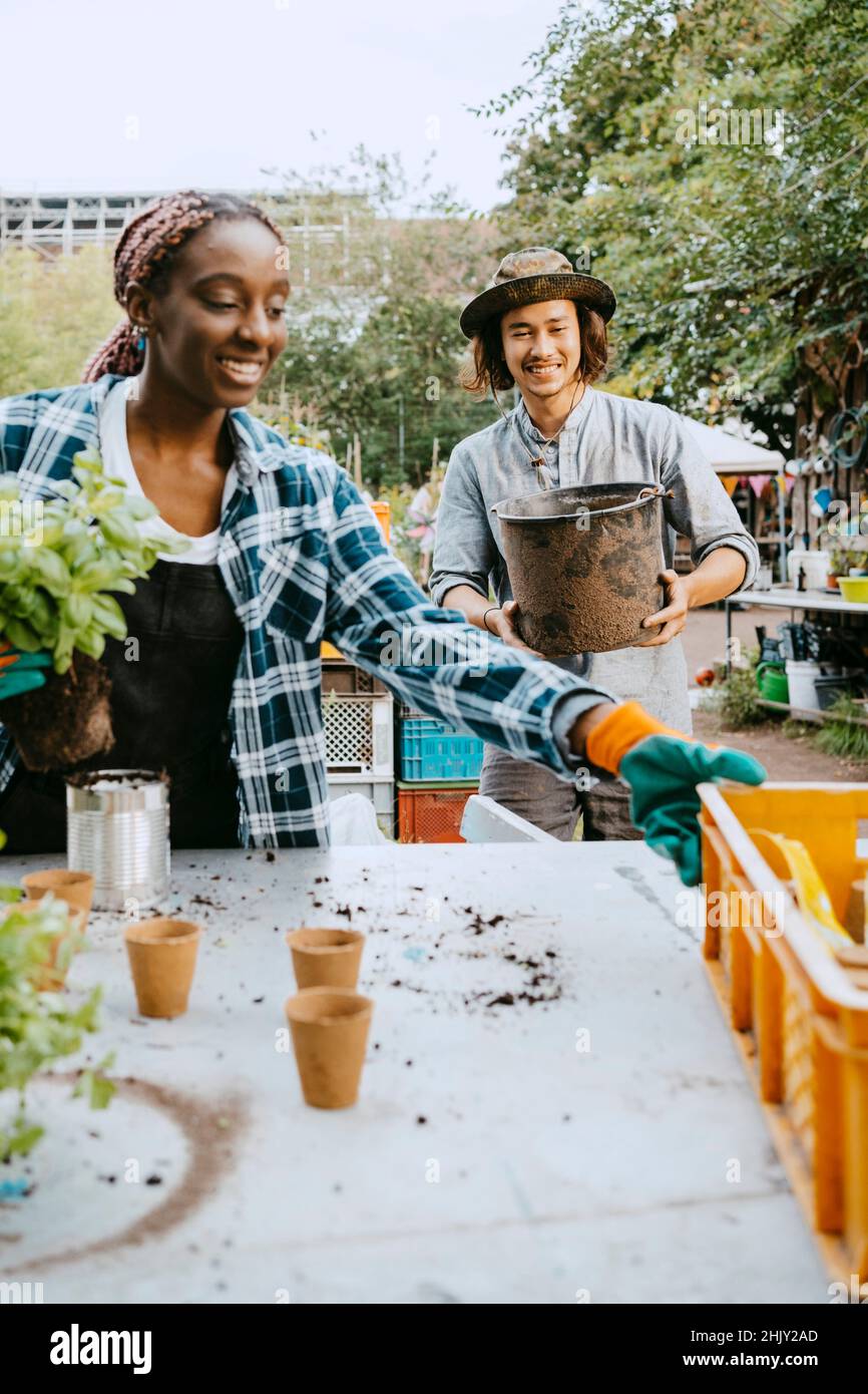 Souriante femme volontaire plantant pendant que l'homme marche avec le conteneur en arrière-plan dans le jardin Banque D'Images