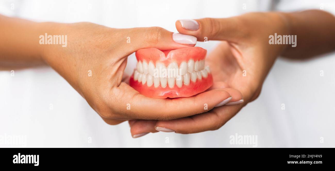 Prothèse dentaire dans les mains du médecin en gros plan.Dentiste tenant un pont dentaire en céramique.Vue avant de la prothèse complète.Pho conceptuel de la dentisterie Banque D'Images