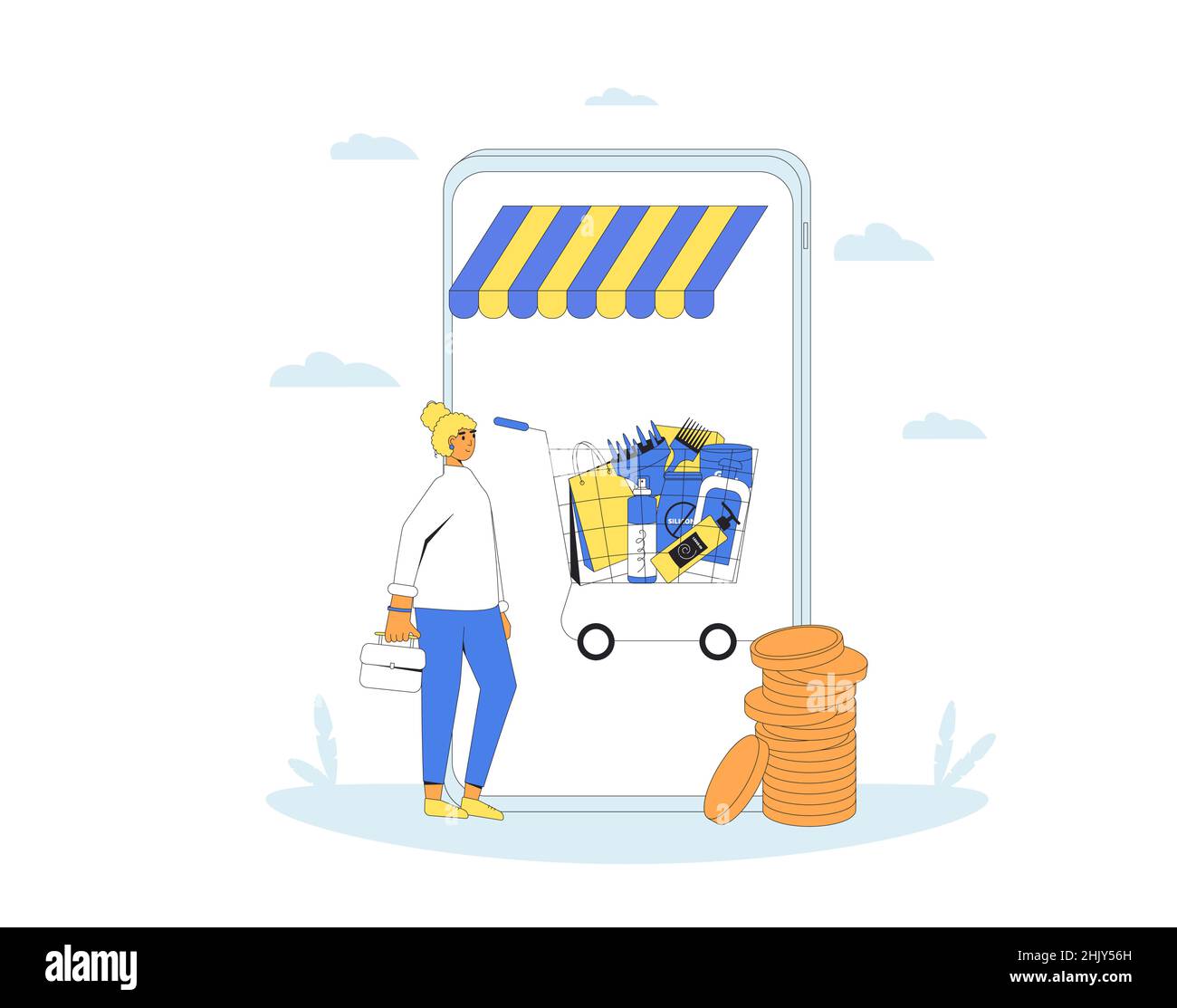 Boutique en ligne.Panier avec après-shampooing, shampooing et soin des cheveux sur l'écran du smartphone.Jeune femme faisant une commande sur la boutique en ligne à l'achat t Illustration de Vecteur
