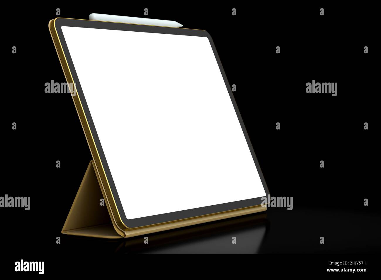 Tablette d'ordinateur avec étui en or et crayon isolés sur fond noir. Le concept de rendu 3D de l'équipement de créateur et de workspac compact Banque D'Images Tablette d'ordinateur avec étui en or et crayon isolés sur fond noir. Le concept de rendu 3D de l'équipement de créateur et de workspac compact Banque D'Images