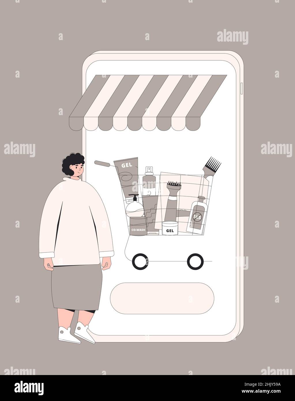 Boutique en ligne.Panier avec après-shampooing, shampooing et soin des cheveux sur l'écran du smartphone.Jeune femme faisant une commande sur la boutique en ligne à l'achat t Illustration de Vecteur