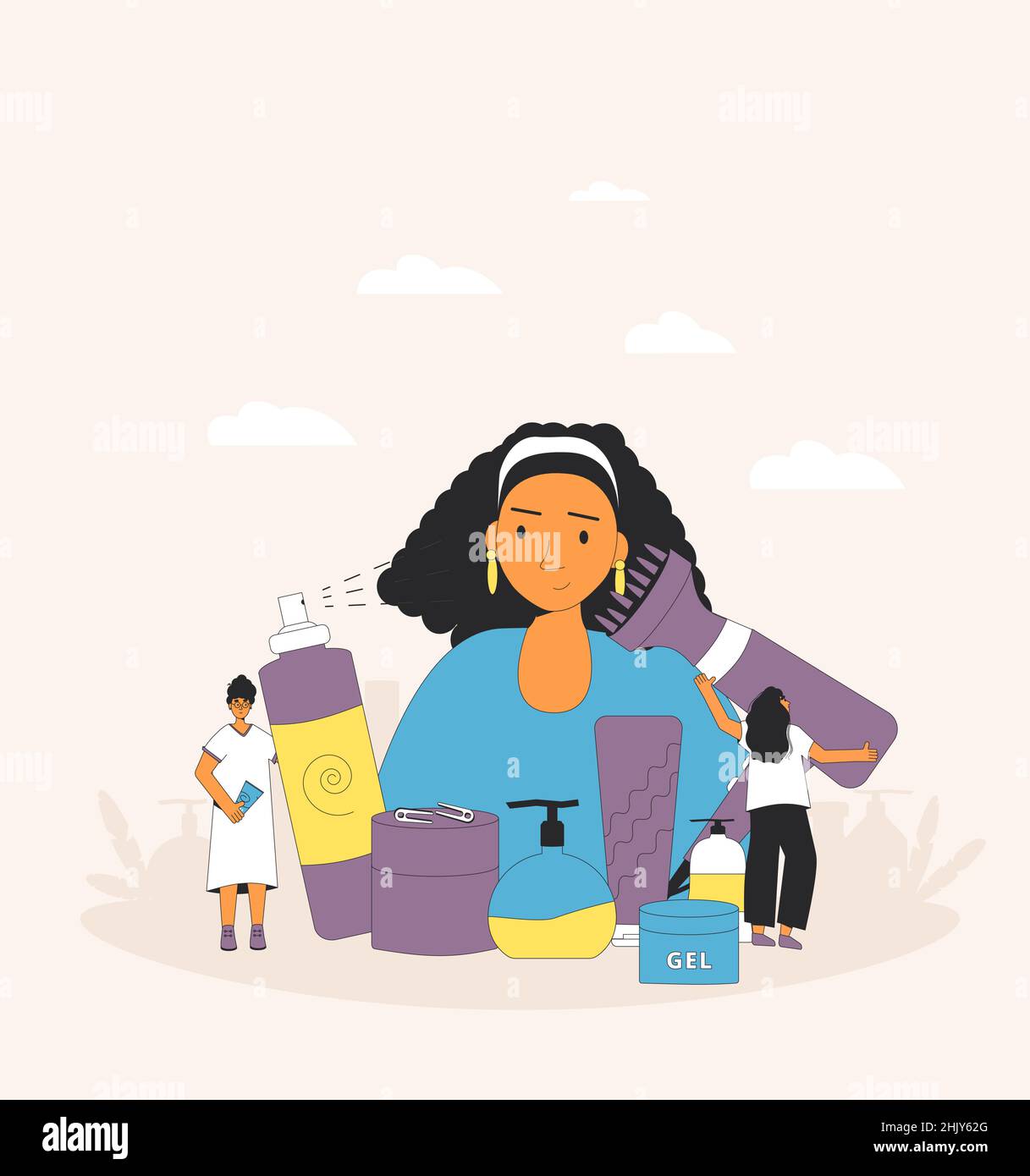 Mode de style fille curly.Femmes avec des outils et des produits cosmétiques pour cheveux pour les cheveux ondulés, curl, serpentins, afro coiffures.Concept de cheveux CGM.Illustration vectorielle Illustration de Vecteur