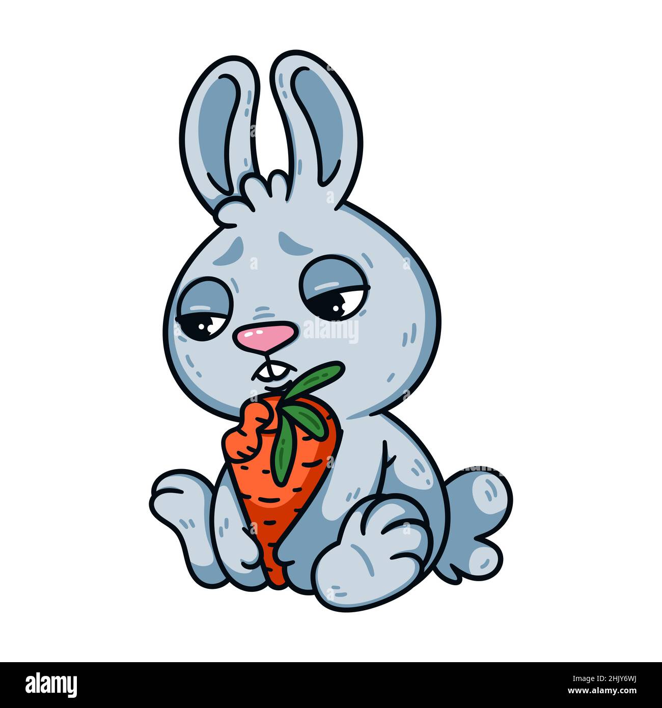 Triste petit lapin de pâques avec une carotte mordue.Lapin le symbole du nouvel an chinois lunaire 2023.Lièvre avec les yeux et légumes malheureux.Vecteur animal de ferme Illustration de Vecteur