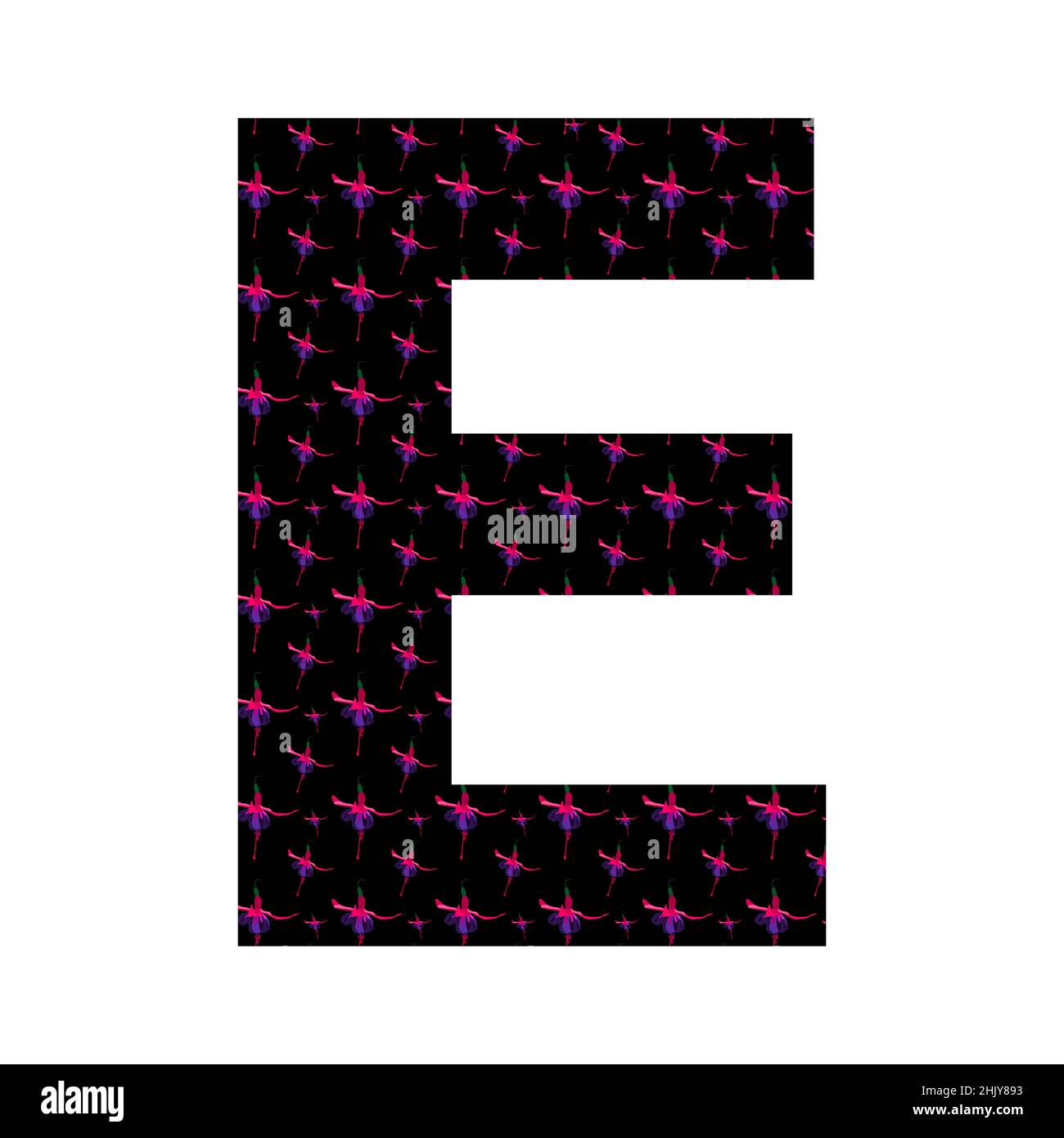 Lettre E de l'alphabet avec un motif de fleurs de fuchsia rose sur fond noir, isolé sur fond blanc, vecteur Illustration de Vecteur