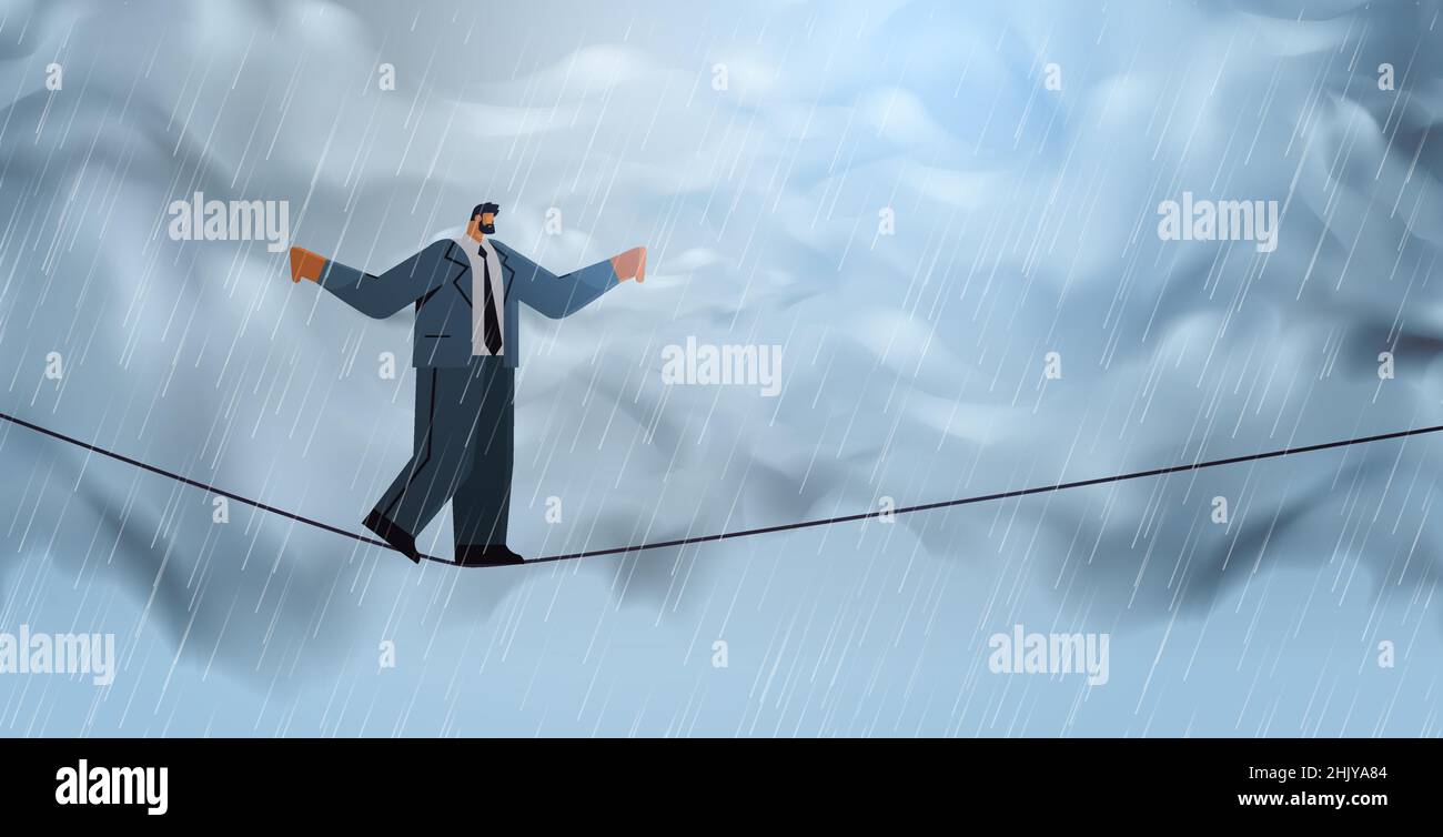 homme d'affaires marchant sur l'équilibre corde serré risque défi aider dans le concept d'affaires horizontal pleine longueur vecteur illustration Illustration de Vecteur