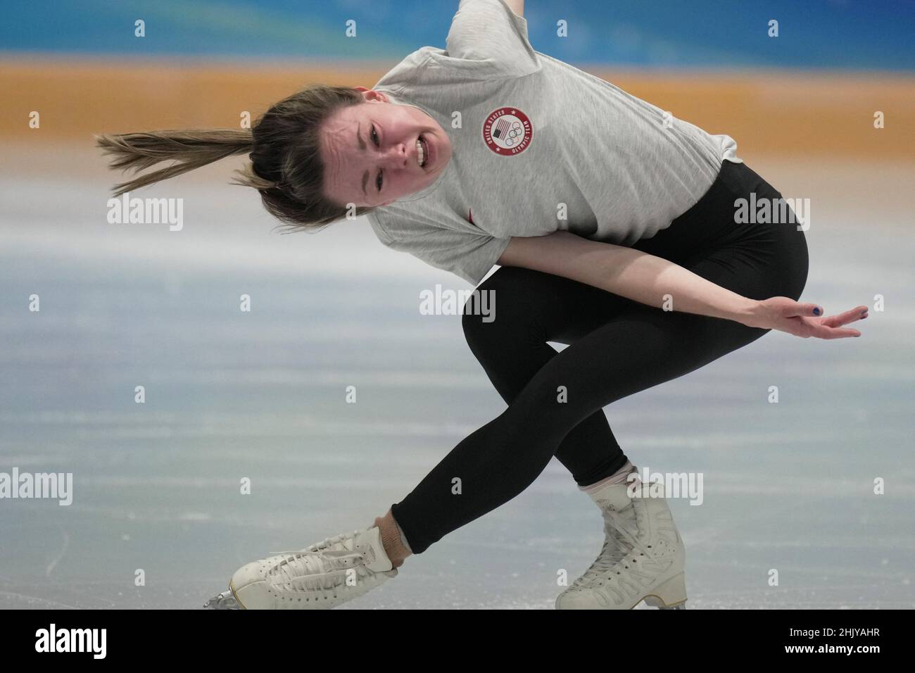 Pékin, Chine.01st févr. 2022.La patineuse de la figure Mariah Bell des États-Unis effectue sa routine lors d'une séance d'entraînement avant les Jeux Olympiques d'hiver de Beijing à Beijing le mardi 1 février 2022.Les Jeux Olympiques sont ouverts le 4th février dans le cadre des protocoles Extreme Covid-19.Photo de Richard Ellis/UPI crédit: UPI/Alay Live News Banque D'Images