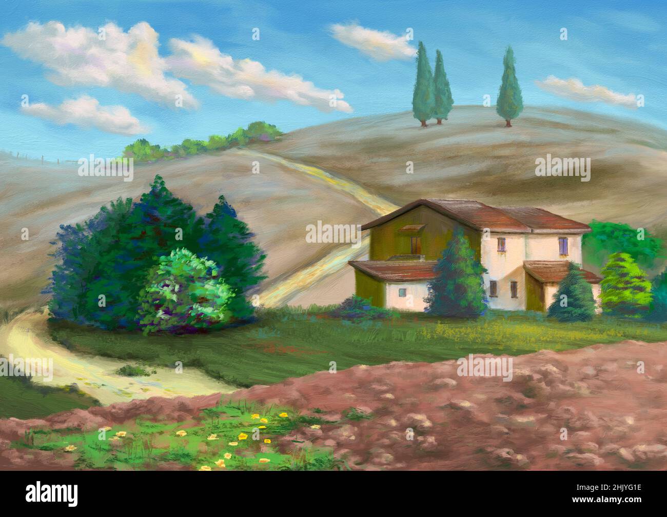 Paysage rural avec une végétation luxuriante.Illustration numérique. Banque D'Images