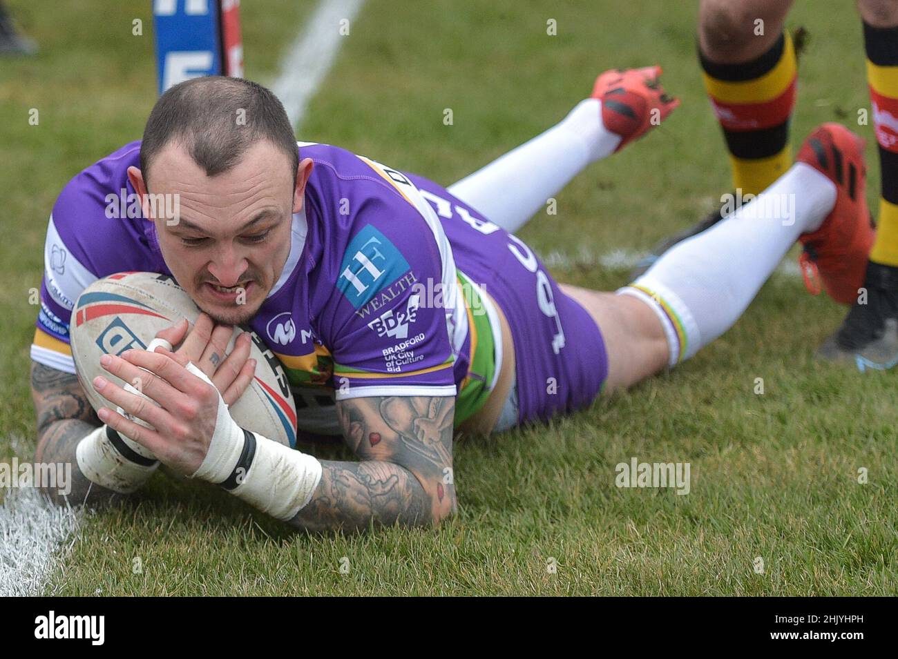 Dewsbury, Angleterre - 30 janvier 2022 - Matty Dawson-Jones de Bradford Bulls scores essayer pendant le championnat de rugby Betfred Round 1 Dewsbury Rams vs Bradford Bulls au stade Tetley, Dewsbury, Royaume-Uni Dean Williams Banque D'Images