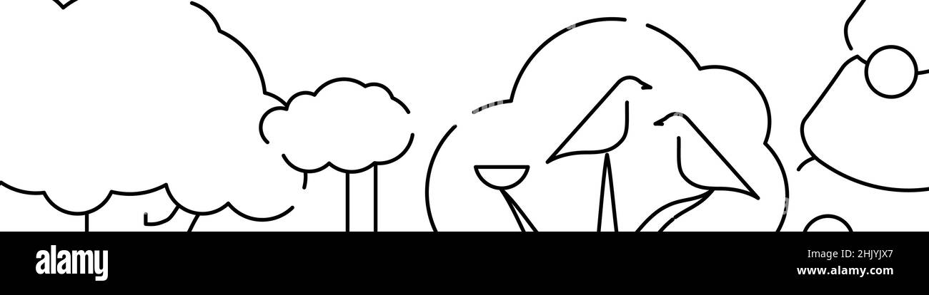 Famille d'oiseaux, bannière horizontale liée au nid ou arrière-plan du modèle de bordure inférieure.Illustration vectorielle à ligne plate isolée sur blanc. Illustration de Vecteur