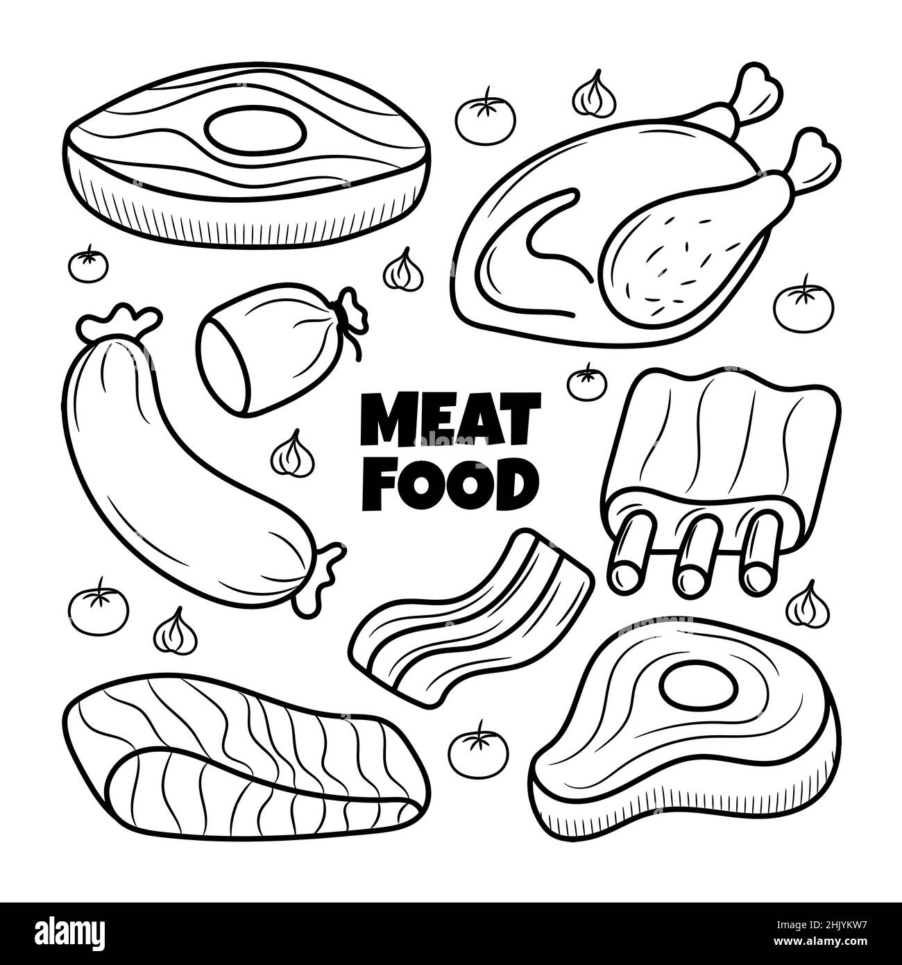 Ensemble d'éléments pour aliments à base de viande avec illustration du contour des caniche dessinés à la main Illustration de Vecteur
