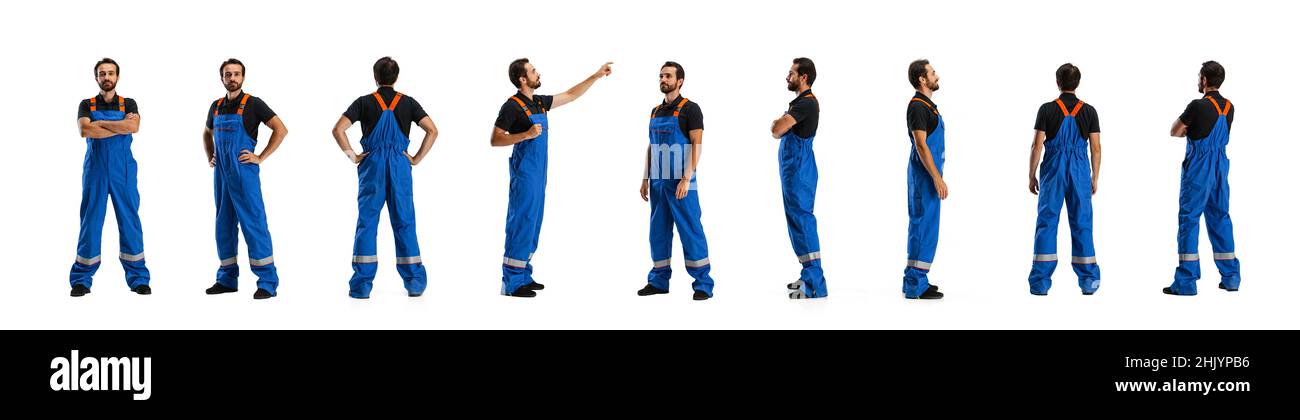 Profil, vue avant et arrière de l'homme, homme auto mécanicien dans des salopettes debout seul isolé sur fond blanc. Concept de travail, profession Banque D'Images