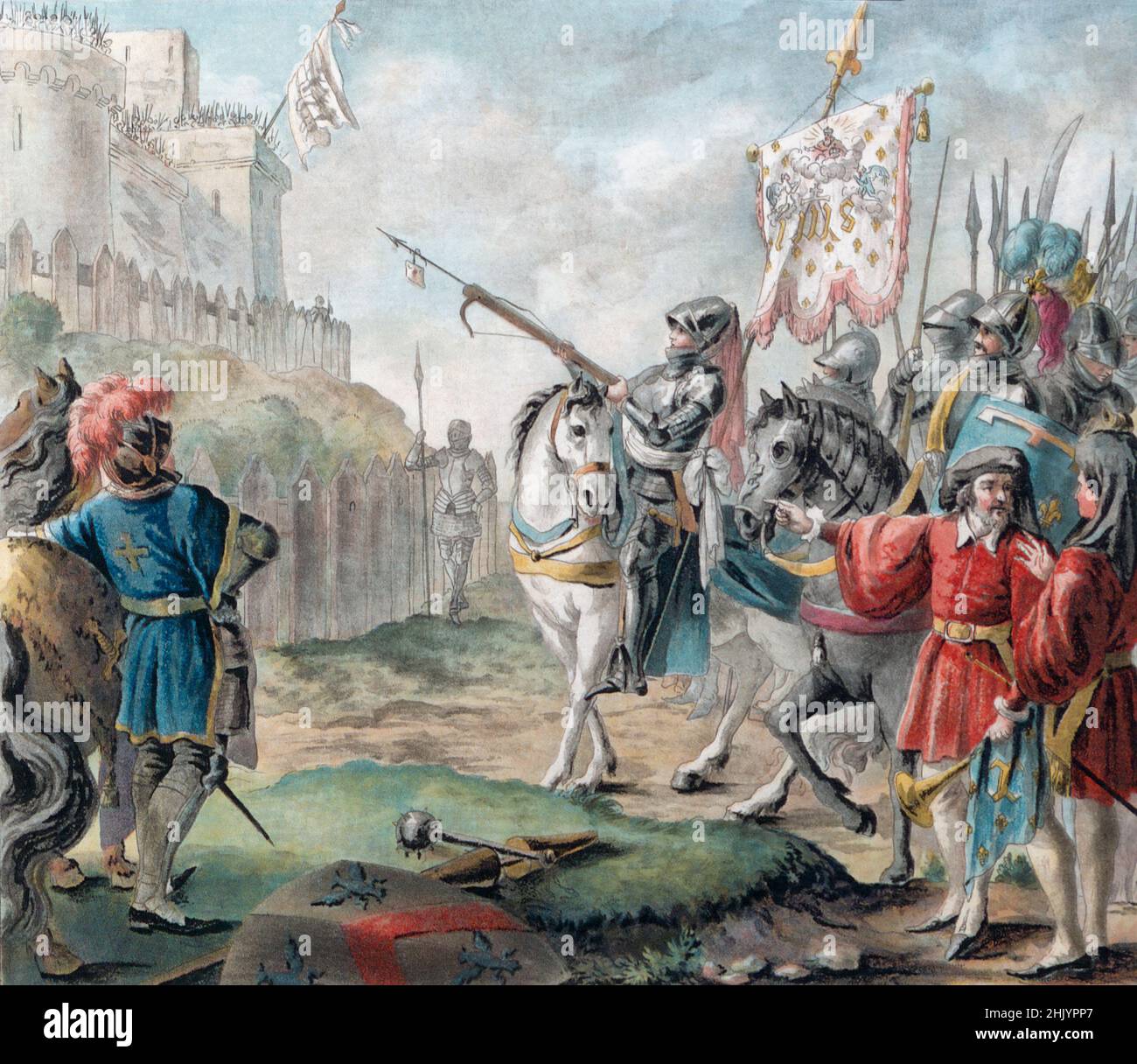 Jeanne d'Arc ordonne aux Anglais de quitter la France.D'après une illustration d'Antoine Louis François Sergent dans Portraits des Grands hommes, femmes Illutres, et sous-jets Mémaux de France, graviers et encore presse en couleurs.Publié à la fin du 18th siècle. Banque D'Images