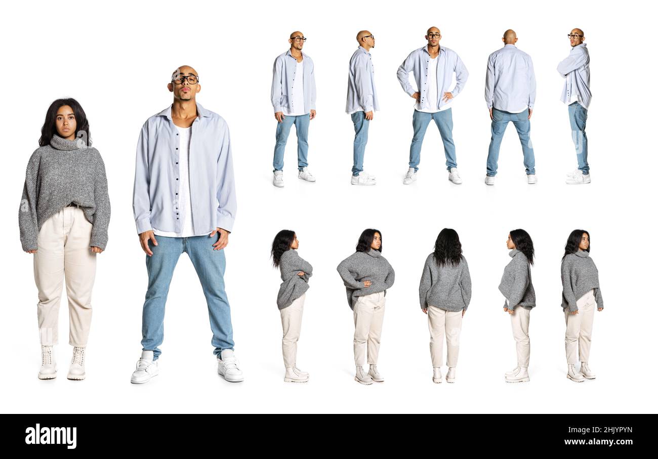 Ensemble de photos avec des images de jeunes hommes et filles styles portant des vetements decontractes debout isoles sur fond blanc.Profil vue avant et arriere Photo Stock Alamy