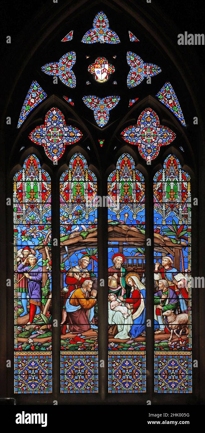 Une vitrelle représentant la Nativité; adoration des bergers, Christ Church, Swindon, Wiltshire Banque D'Images