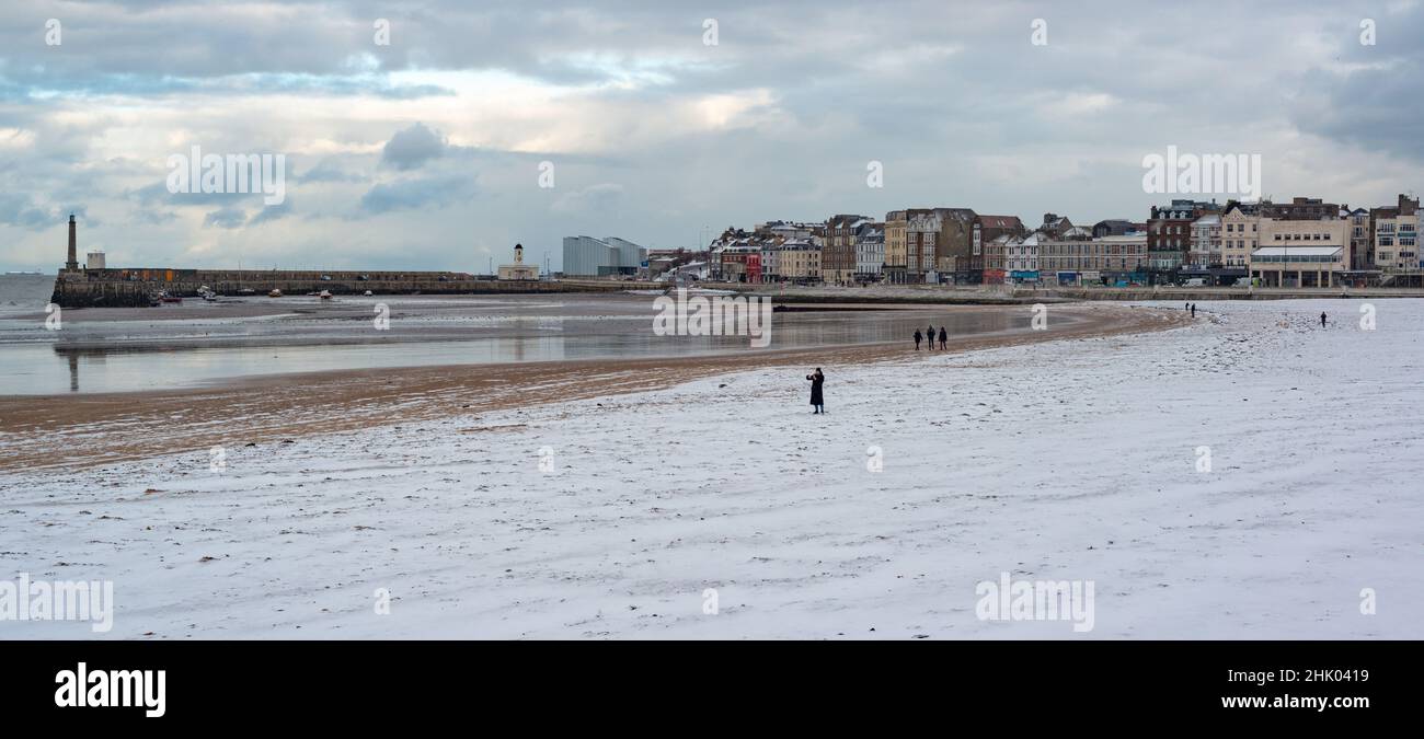 Margate main Sands et front de mer dans la neige, Margate, Kent Banque D'Images