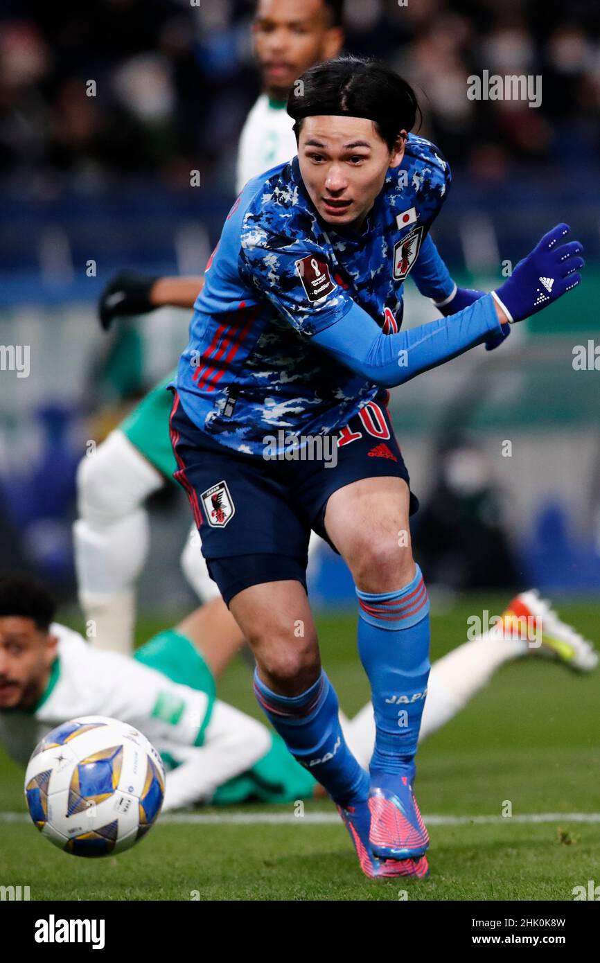 Saitama, Japon.1st févr. 2022.Takumi Minamino (10) du Japon en action pendant une AFC asiatique qualificatifs (route vers le Qatar) le Japon contre l'Arabie Saoudite au stade Saitama 2002 au Japon.Le Japon bat l'Arabie saoudite 2-0.(Image de crédit: © Rodrigo Reyes Marin/ZUMA Press Wire) Banque D'Images