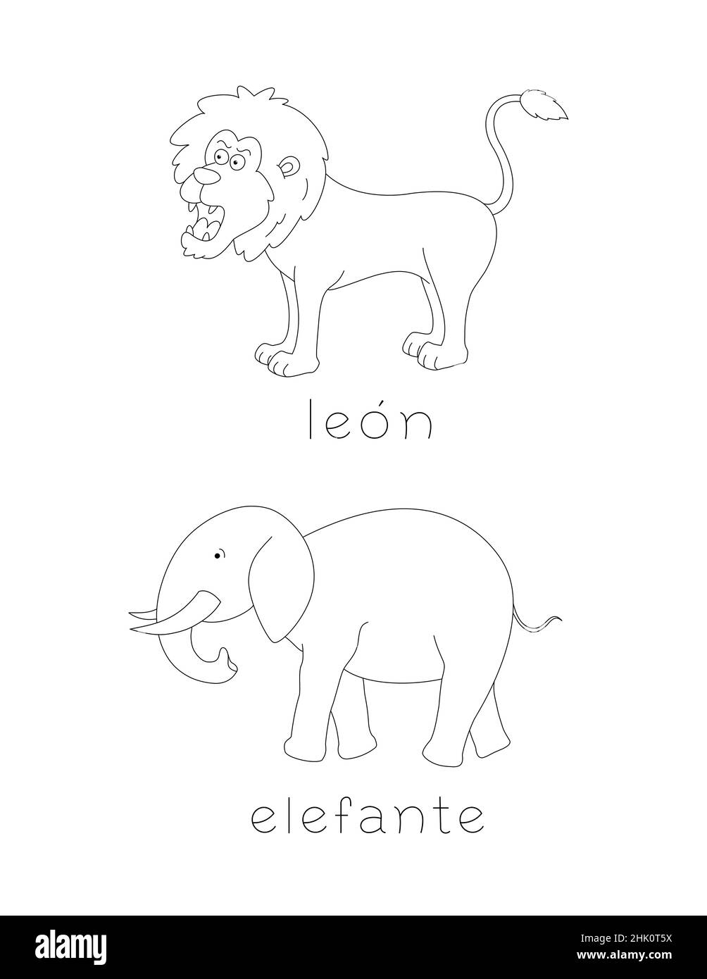 apprenez des noms d'animaux en espagnol, dessin d'un lion et d'un éléphant, mots de base pour les enfants Banque D'Images