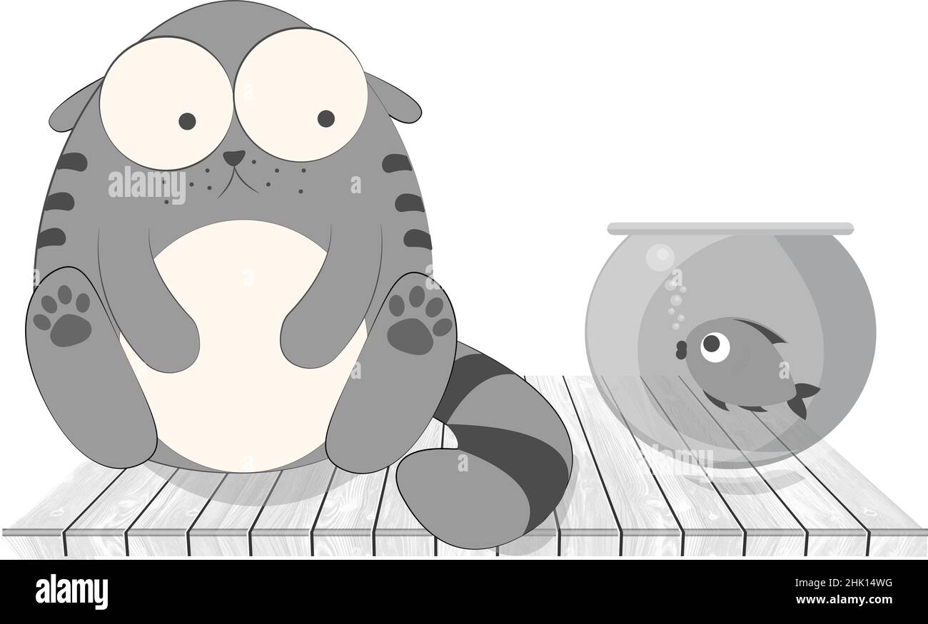 Dessin animé Chubby chat regardant au bol de poisson Illustration de Vecteur