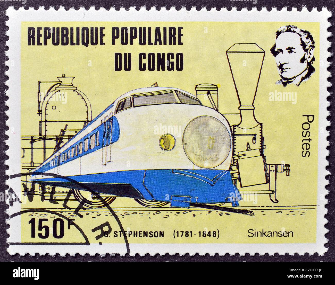 Timbre-poste annulé imprimé par le Congo, qui montre train Shinkansen, 200th anniversaire de George Stephenson (1781-1848), vers 1981. Banque D'Images