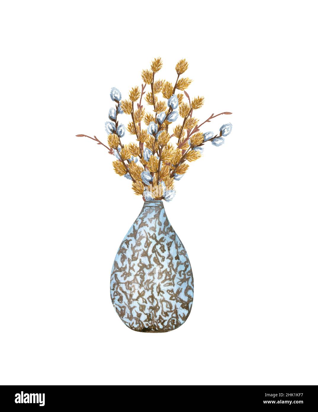 Bouquet d'aquarelles de branches de saule chatte dans un pot blanc.Bouquet de printemps.Décorations de Pâques.Illustration dessinée à la main isolée sur fond blanc Banque D'Images