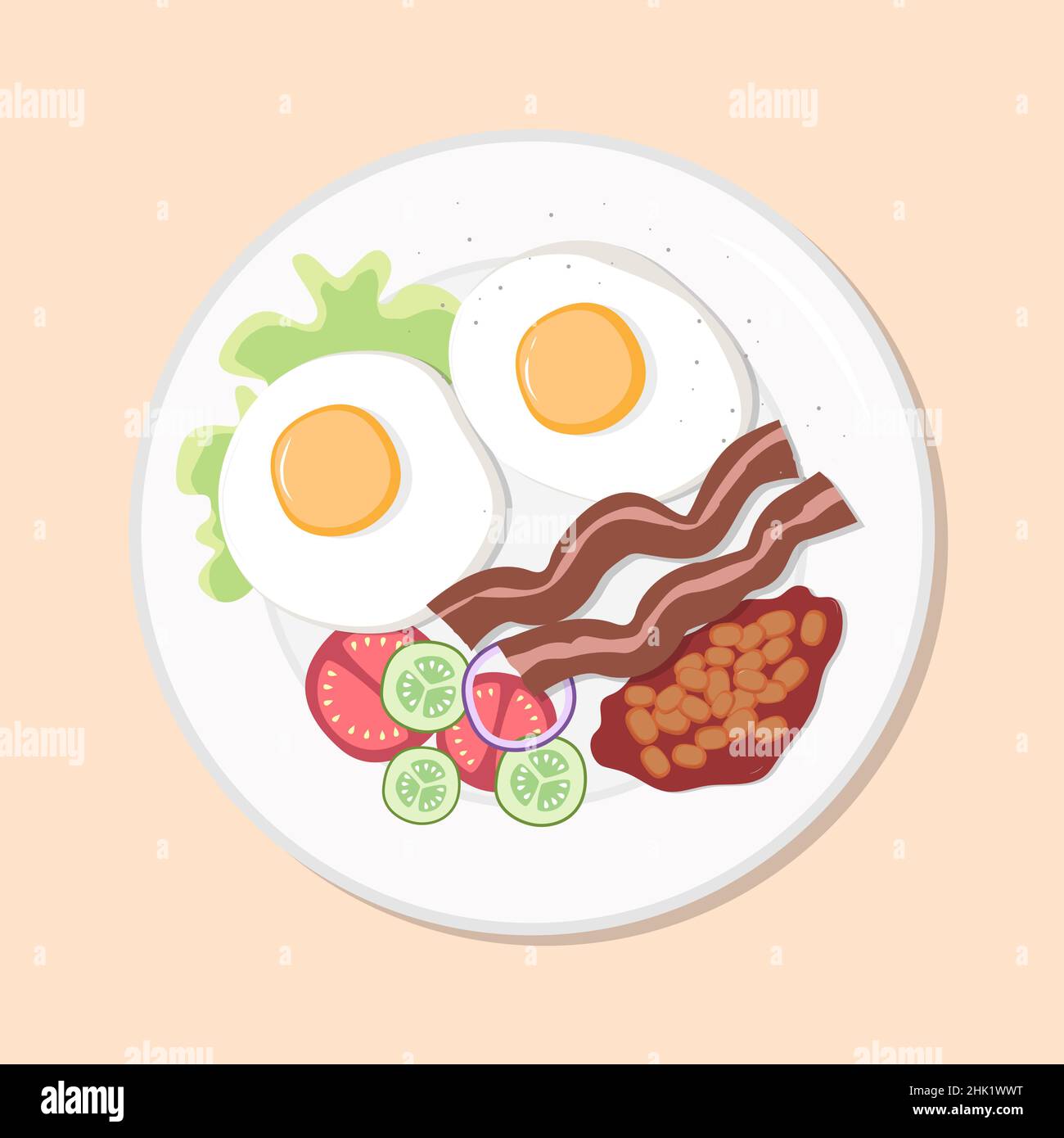 Petit déjeuner anglais œufs, haricots, viande, légumes avec salade repas diététique sain sur l'assiette.Illustration vectorielle.Image simple de stock plat. Œufs sur table Illustration de Vecteur