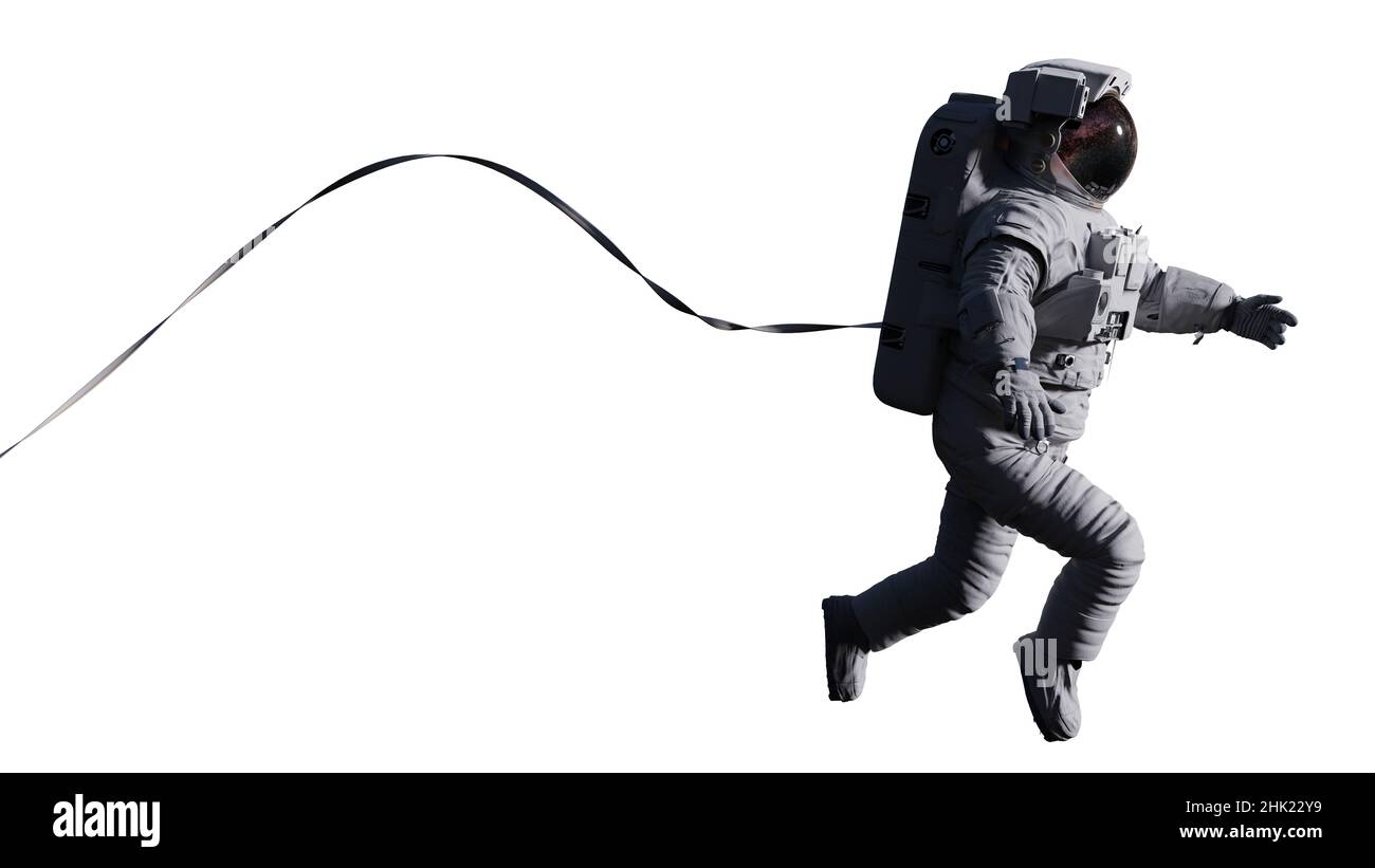 astronaute avec câble de sécurité dans l'espace, isolé sur fond blanc Banque D'Images