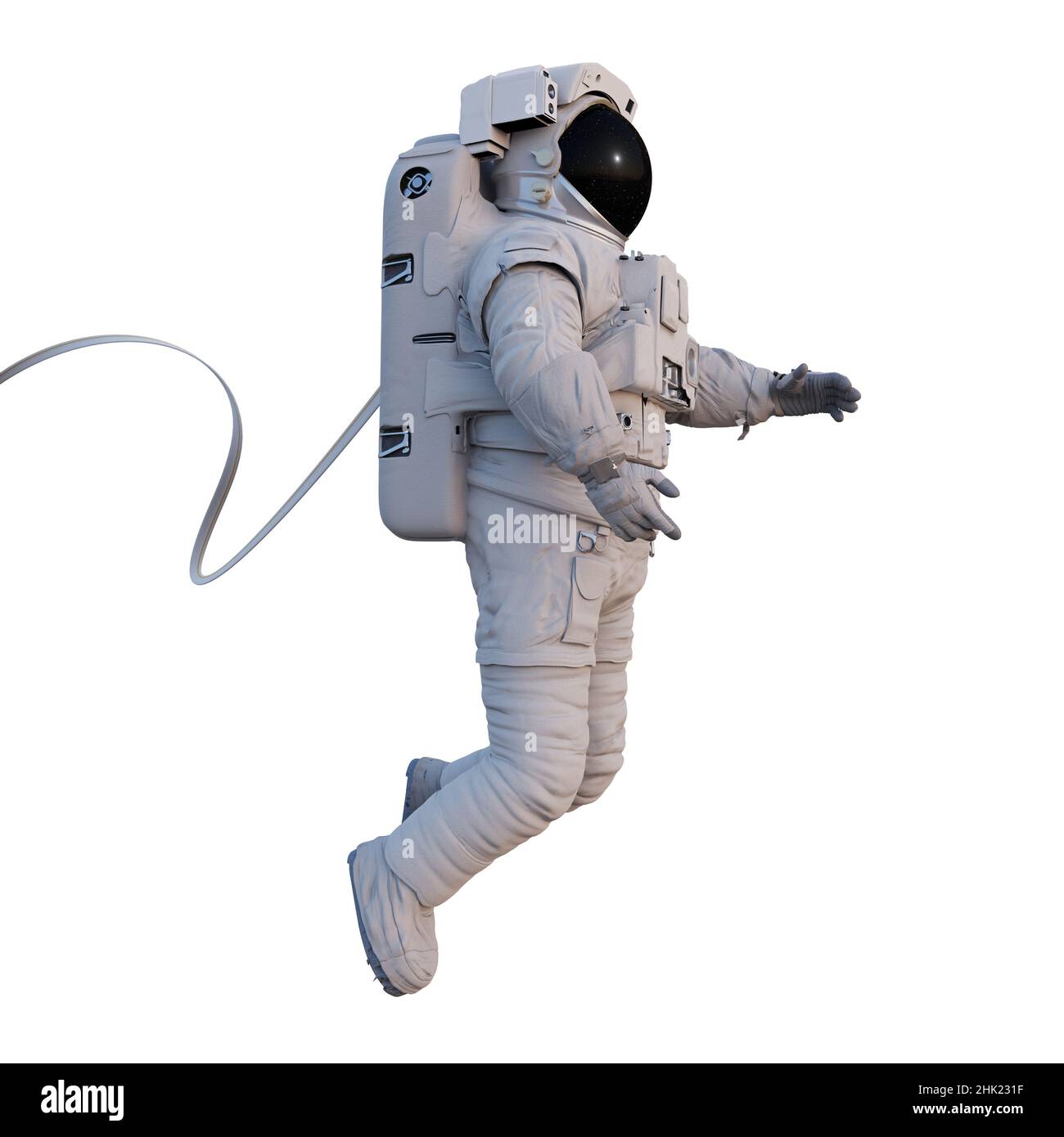 astronaute avec cordon de sécurité volant dans l'espace, isolé sur fond blanc Banque D'Images