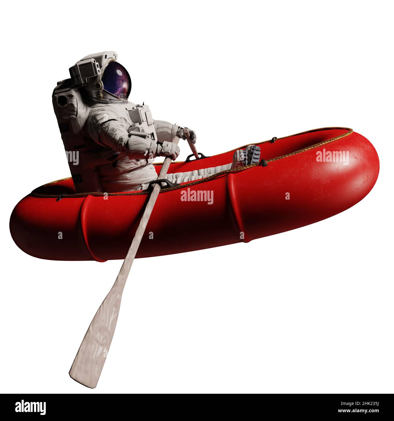 astronaute en canot rouge, isolé sur fond blanc Banque D'Images