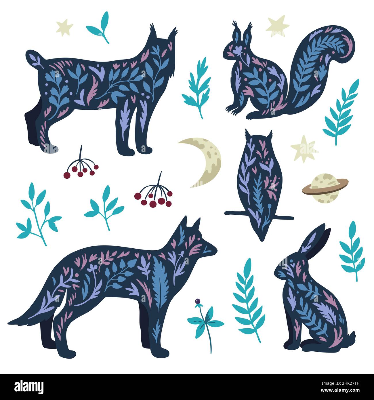 Ensemble d'animaux sauvages mystiques dans le style scandinave de boho d'oodle, hibou, loup et lapin avec étoiles et éléments végétaux isolés sur fond blanc. Illustration de Vecteur