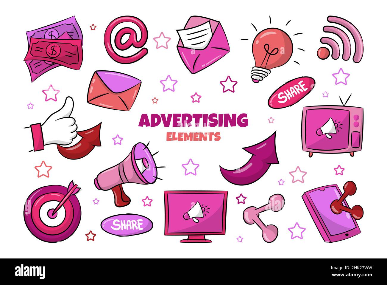 Collection Media Advertising Elements avec style coloré dessiné à la main Illustration de Vecteur