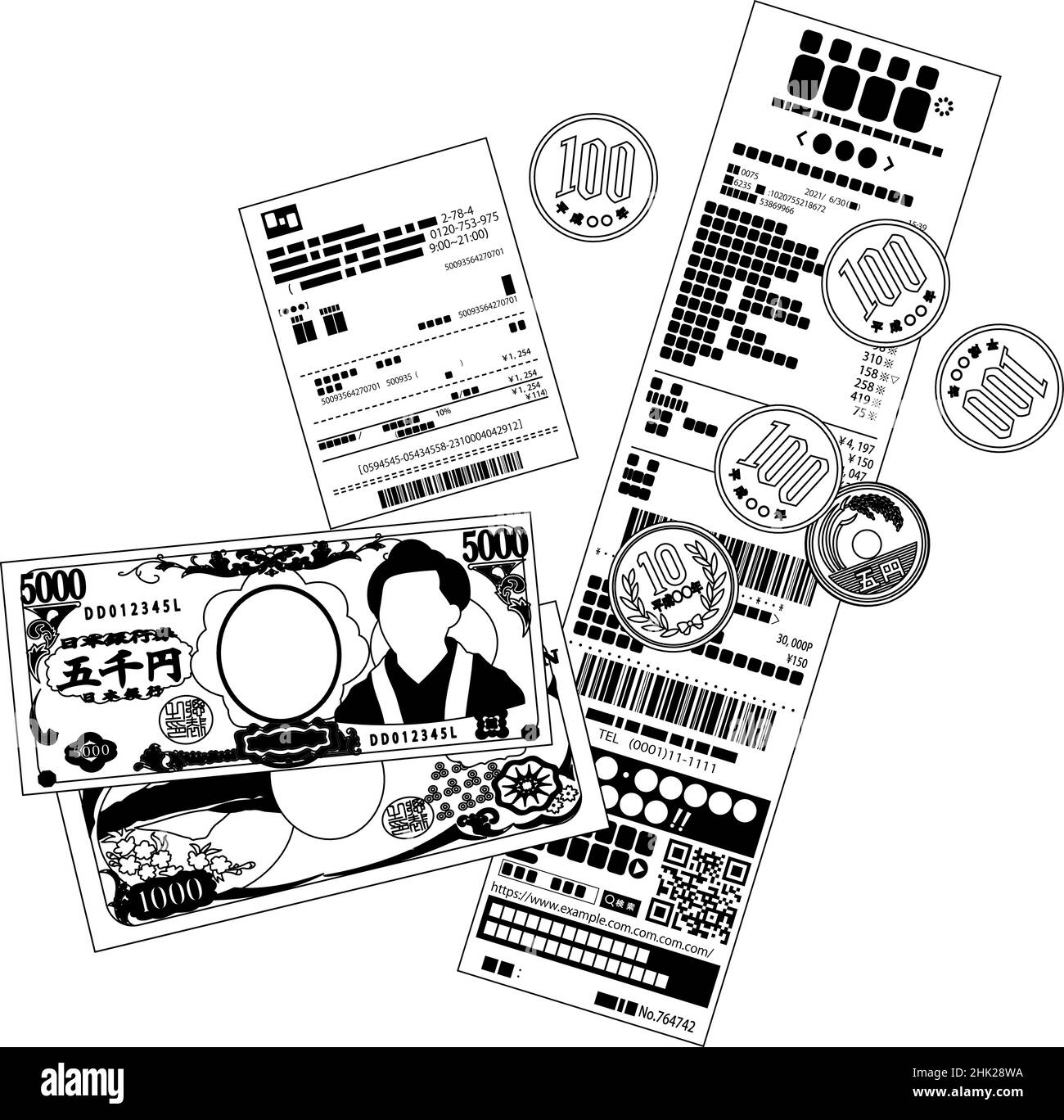 Voici une illustration des billets en yen japonais et des pièces en yen japonais et du reçu d'achat Illustration de Vecteur