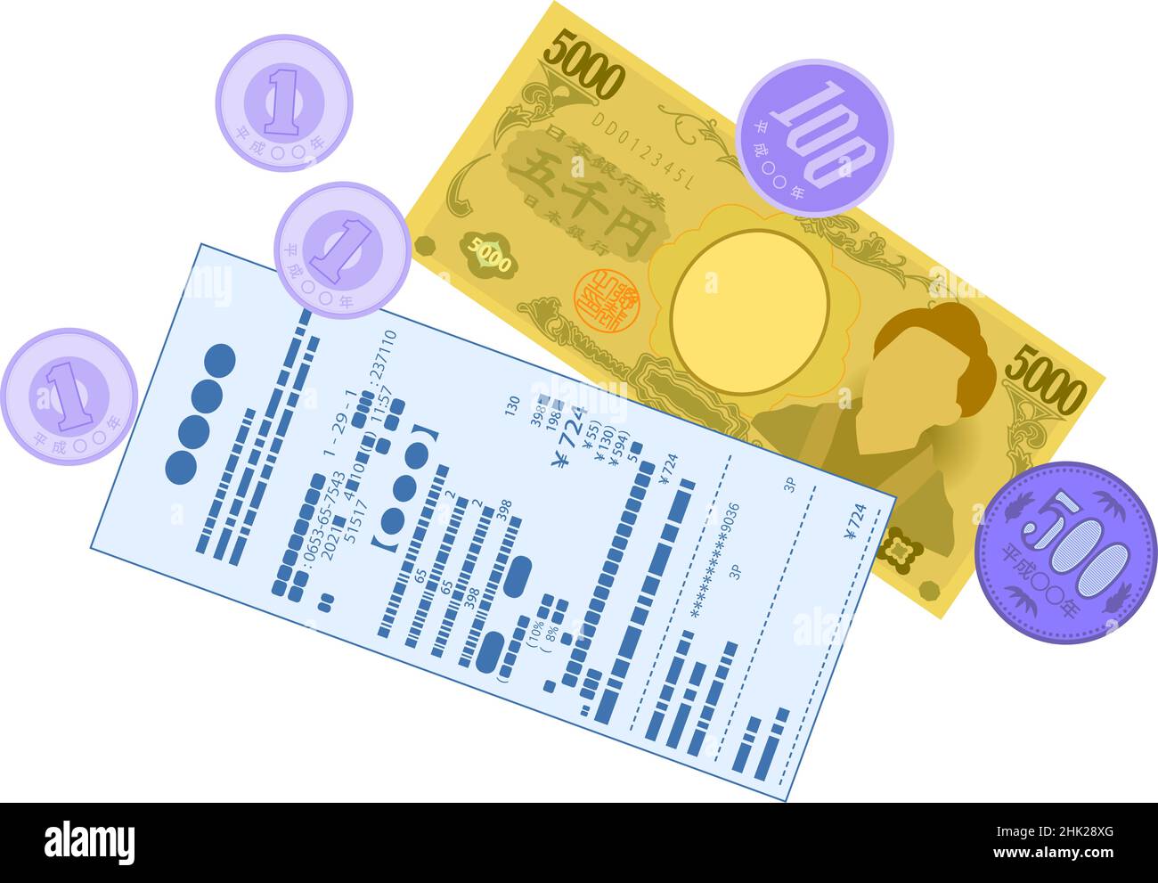 Voici une illustration des billets en yen japonais et des pièces en yen japonais et du reçu d'achat Illustration de Vecteur