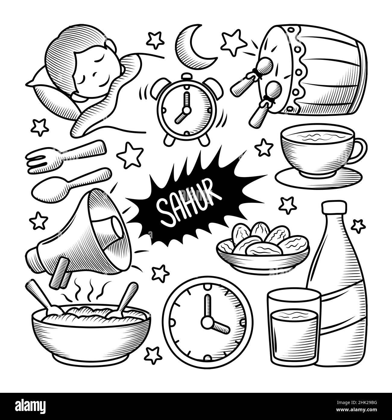 Sahur Time Doodle Elements collections dessinées à la main Illustration de Vecteur