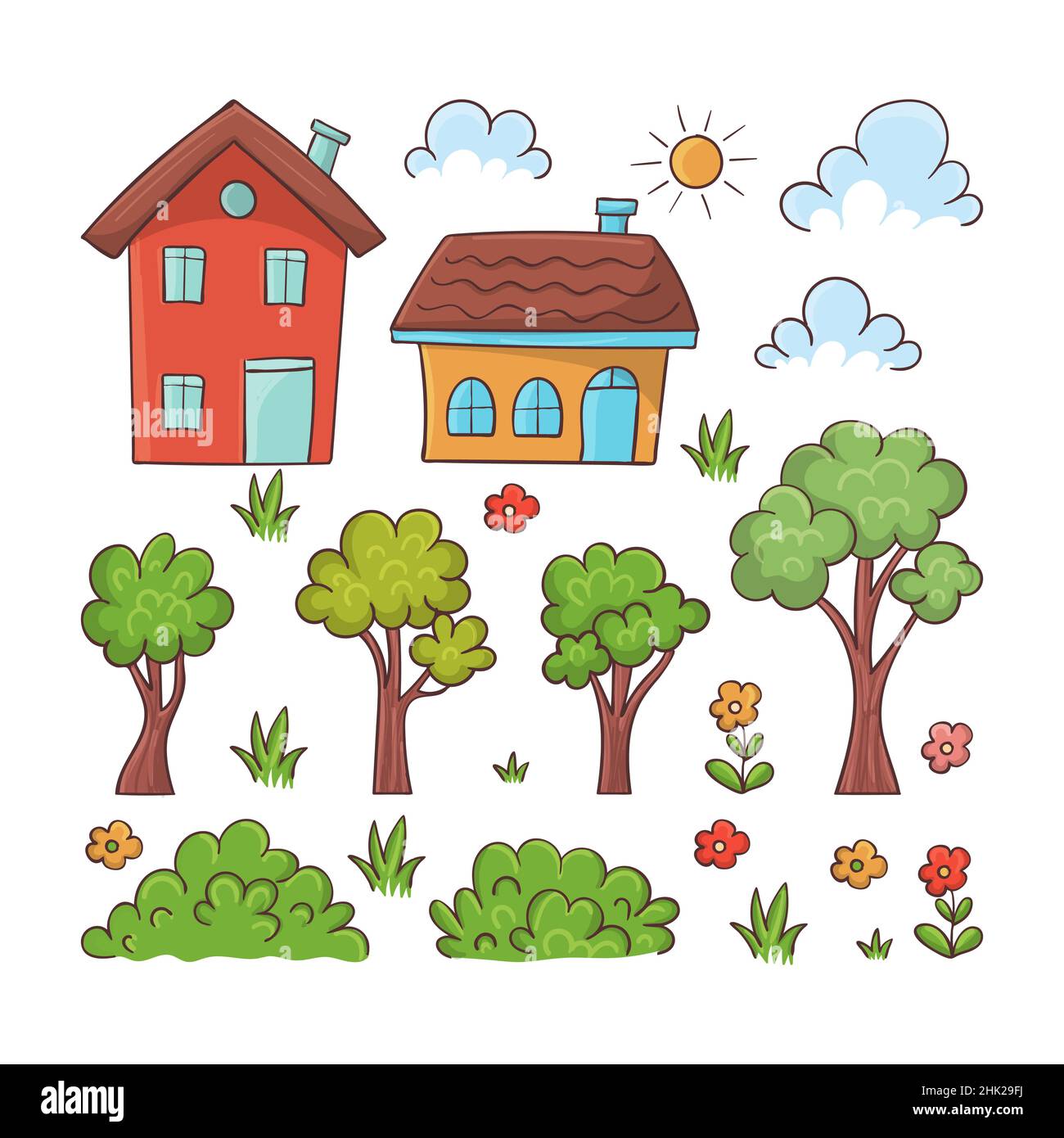 Maison dessinée à la main, arbres, et ensemble d'éléments d'herbe Illustration de Vecteur