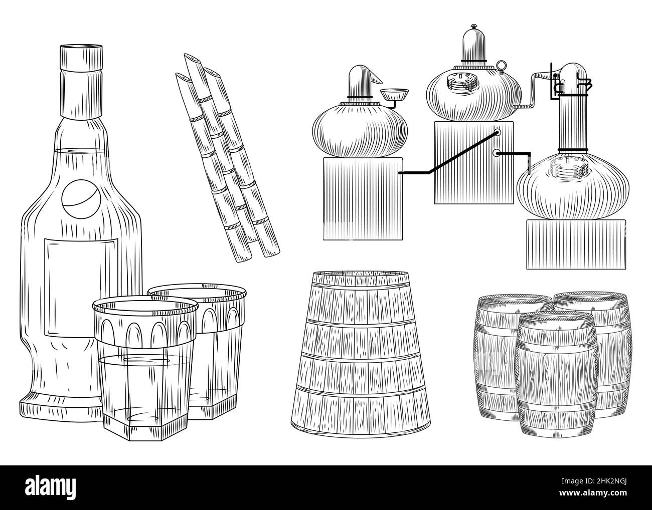 Définir l'alcool de Cachaca dans le style de la caniche sur fond blanc.Verre et bouteille, sucre de canne, baril, alembic.Gravure style vintage noir contour vecteur i Illustration de Vecteur