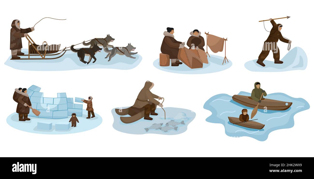 Définir Eskimo isolé sur fond blanc.Différentes personnes de composition, traîneau, pêche, chasse, couture,canotage, construction d'igloo.Desi. De caractère Illustration de Vecteur