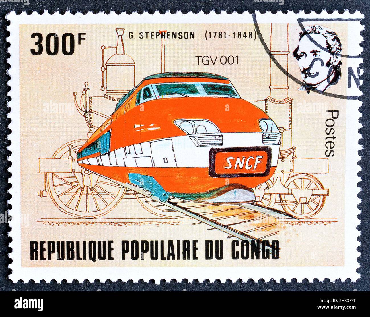 Timbre-poste annulé imprimé par le Congo, qui montre train TGV 001, 200th anniversaire de George Stephenson (1781-1848), vers 1981. Banque D'Images