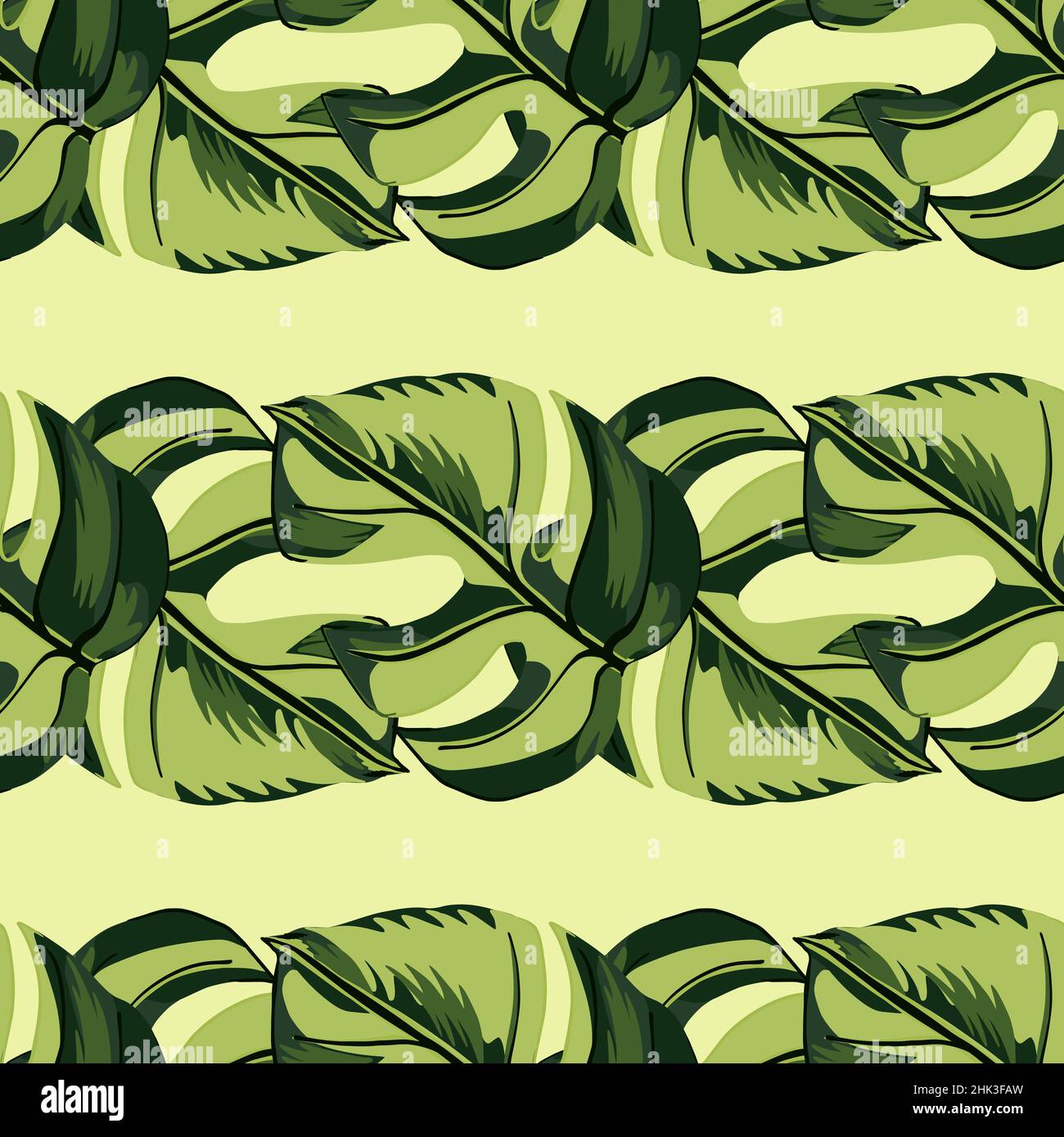 Motif feuilles de palmier sans couture avec silhouettes de monstère dessinées à la main.Arrière-plan jaune clair.Style Doodle.Conçu pour la conception de tissu, imprimé textile Illustration de Vecteur
