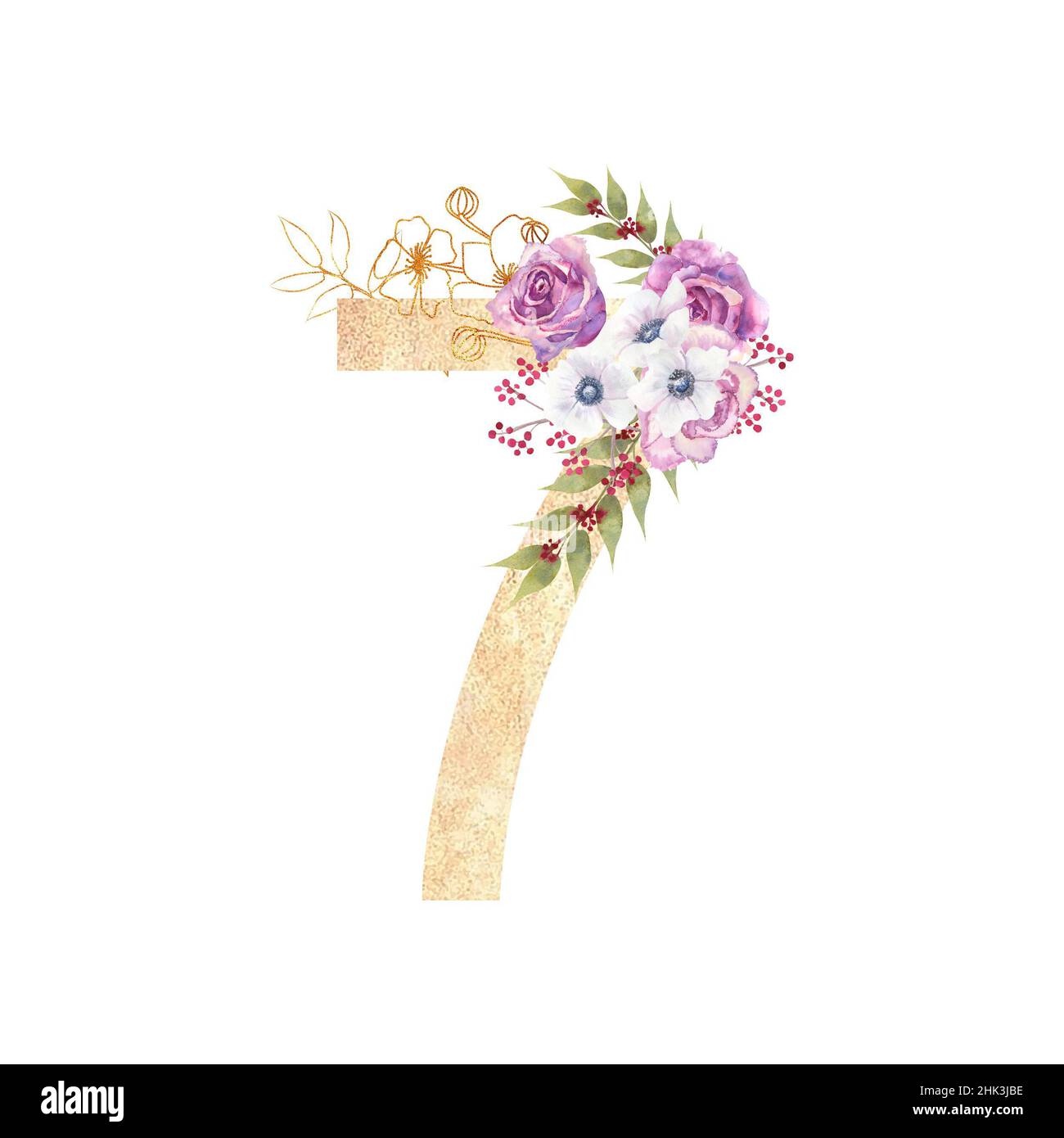 Design d'un nombre doré 7 avec bouquets de fleurs de roses pourpres, anémones, etc décor . Illustration aquarelle sur fond blanc. Mariage et Banque D'Images