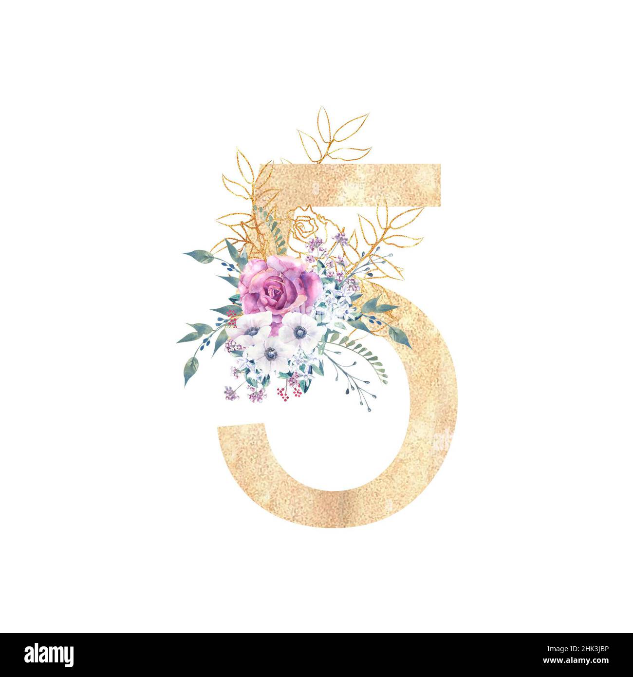 Design d'un nombre doré 5 avec bouquets de fleurs de roses pourpres, anémones, etc décor . Illustration aquarelle sur fond blanc. Mariage et Banque D'Images