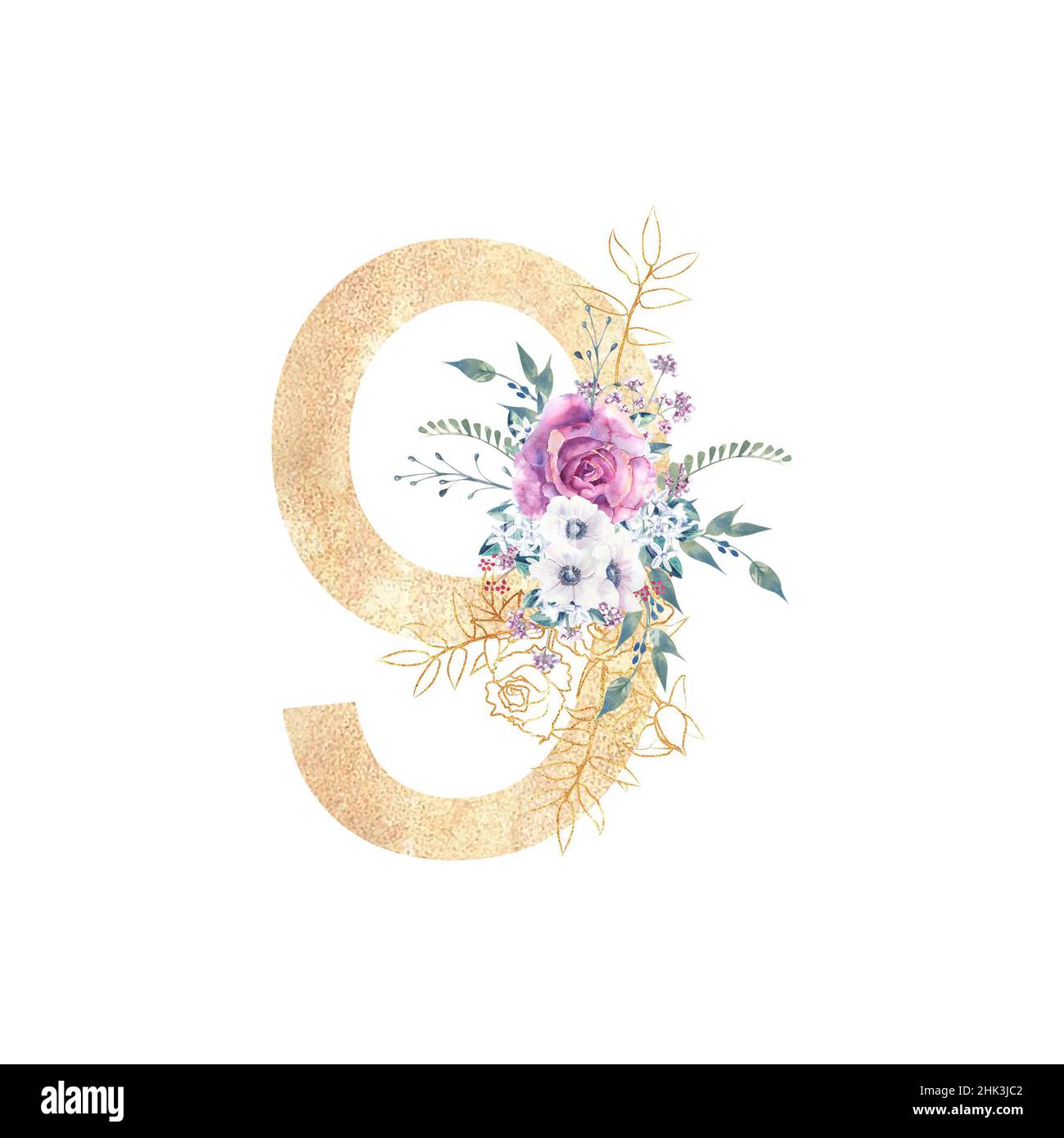 Design d'un nombre doré 9 avec bouquets de fleurs de roses pourpres, anémones, etc décor .Illustration aquarelle sur fond blanc.Mariage et Banque D'Images