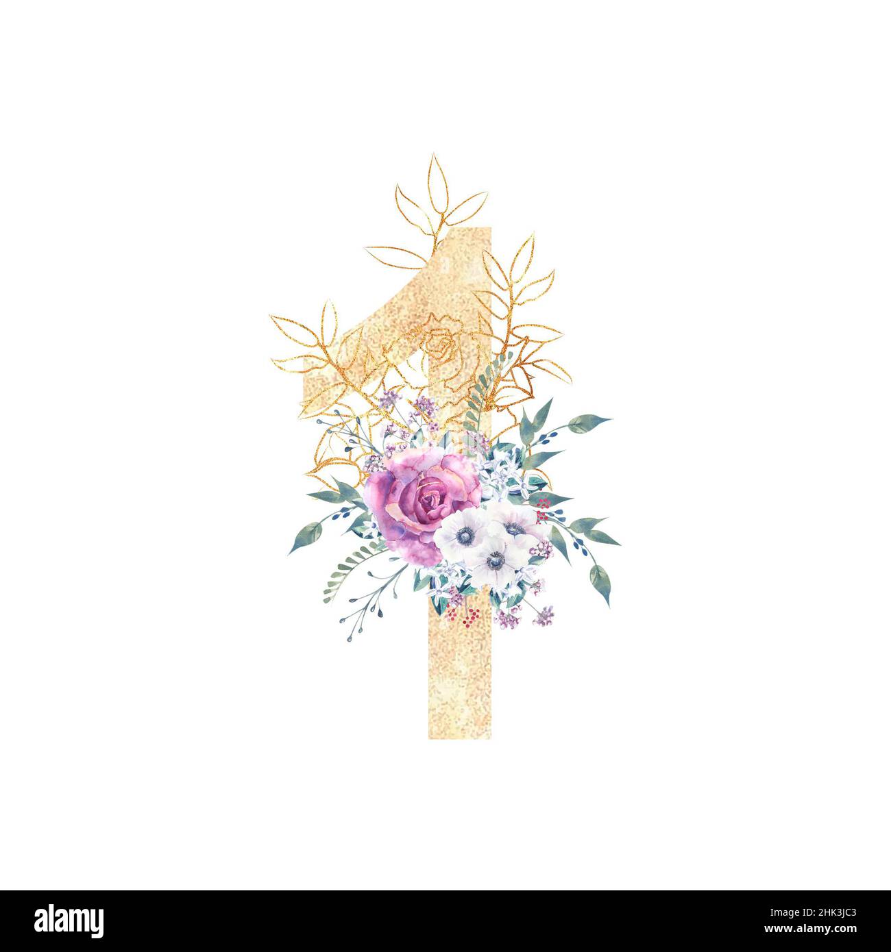 Design d'un nombre doré 1 avec bouquets de fleurs de roses pourpres, anémones, etc décor .Illustration aquarelle sur fond blanc.Mariage et Banque D'Images