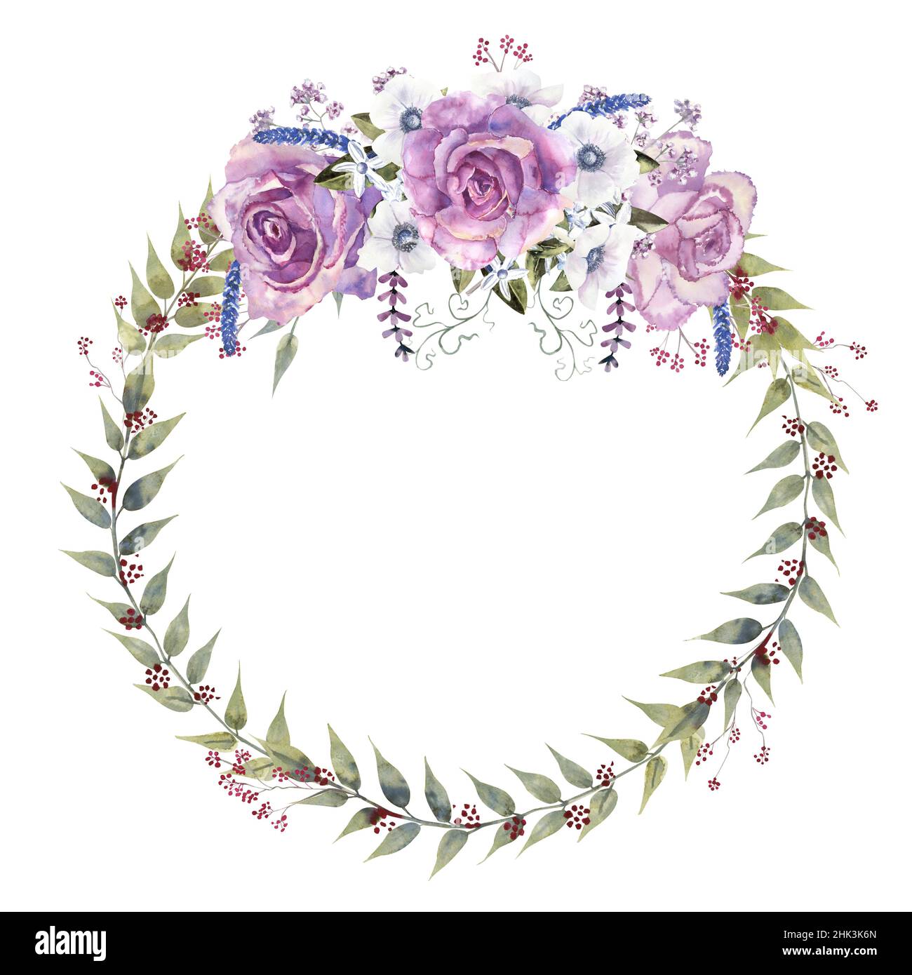 Couronne fleurie avec roses violettes et anémones sur fond blanc isolé.Illustration aquarelle dessinée à la main Banque D'Images