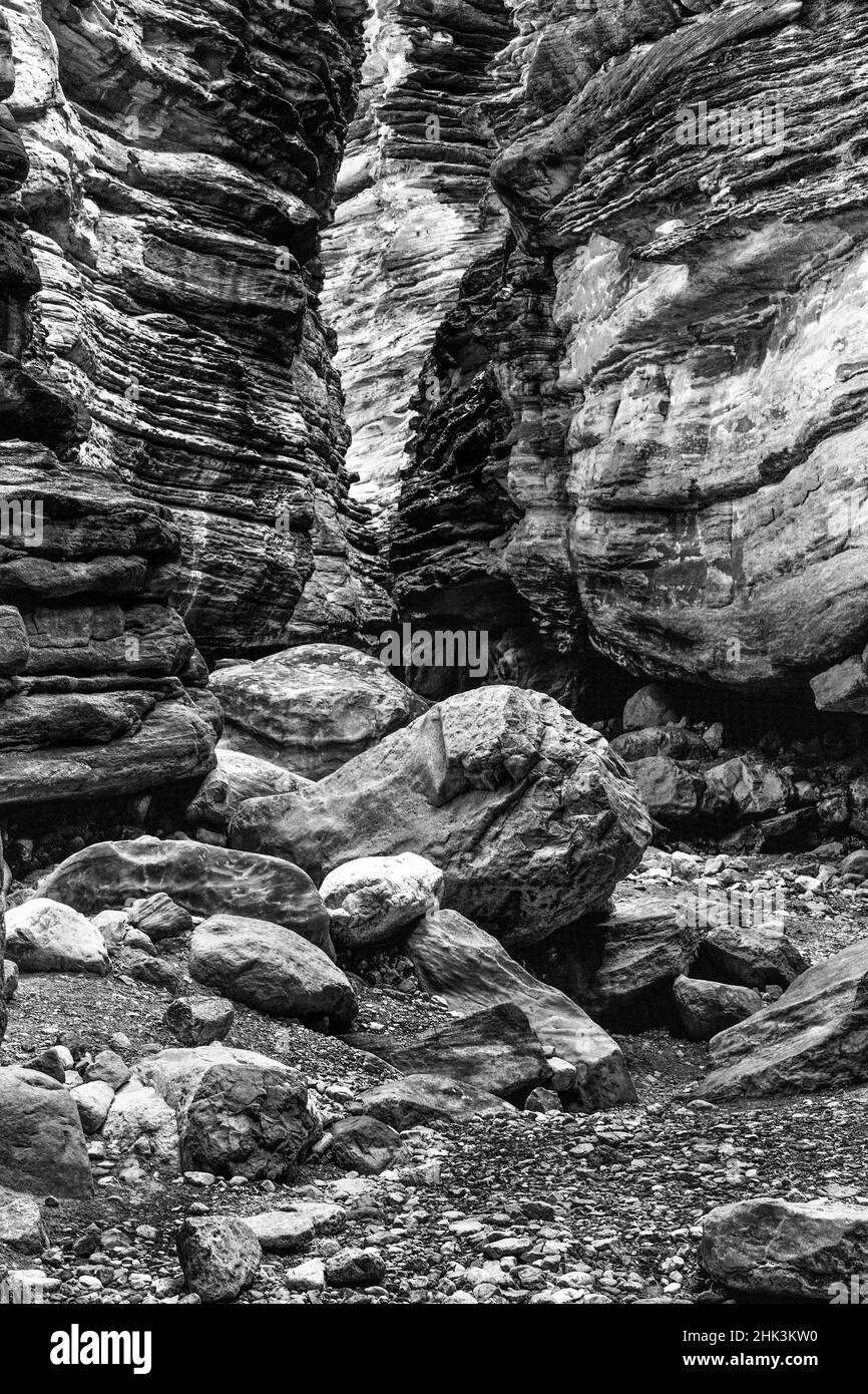 États-Unis, Arizona. Image noir et blanc. Détail du mur du Canyon, Black Tail Canyon, parc national du Grand Canyon. Banque D'Images