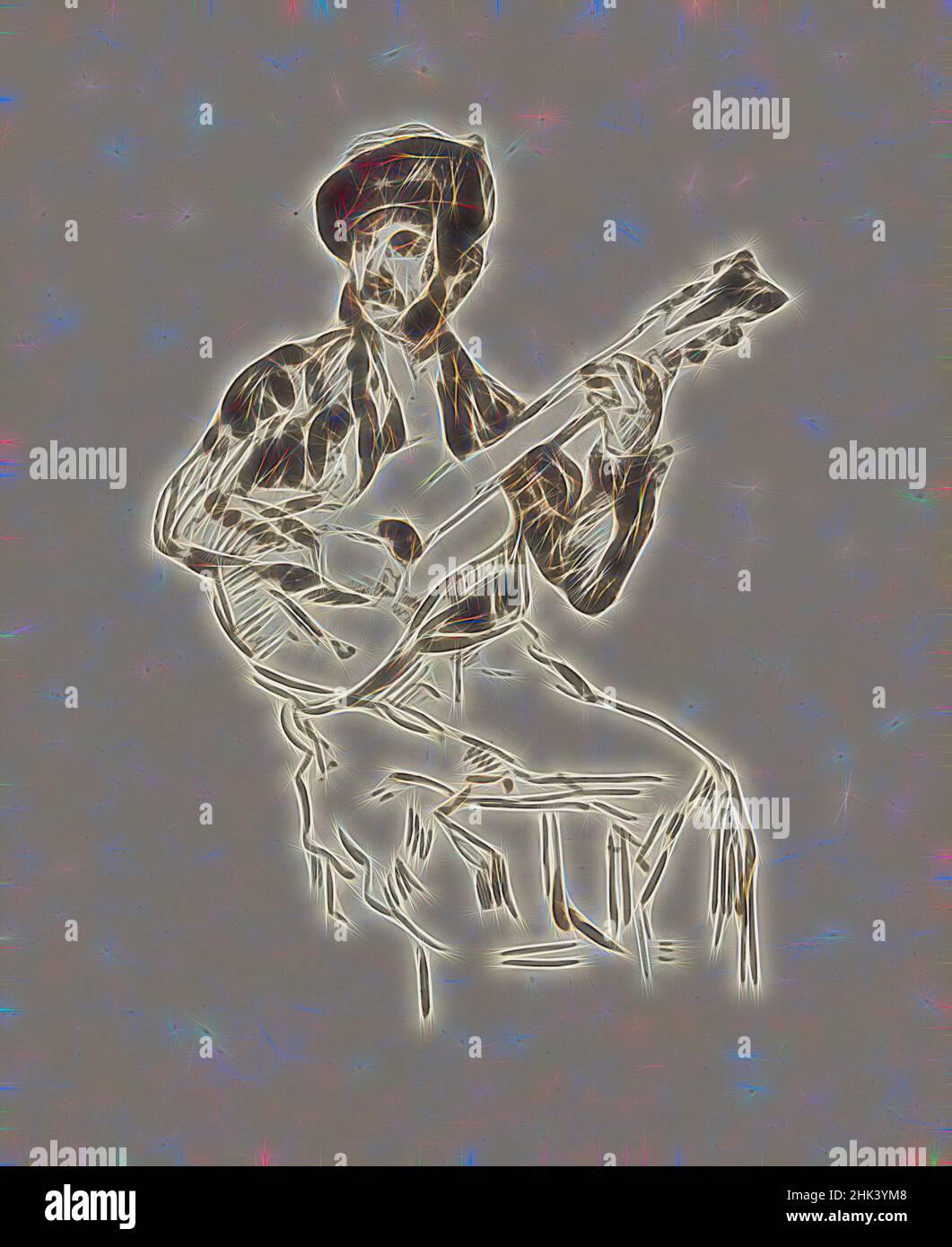 Inspiré par le guitariste James Ensor, vers 1880-1890, dessin, Art belge, Repensé par Artotop. L'art classique réinventé avec une touche moderne. Conception de lumière chaleureuse et gaie, de luminosité et de rayonnement de lumière. La photographie s'inspire du surréalisme et du futurisme, embrassant l'énergie dynamique de la technologie moderne, du mouvement, de la vitesse et révolutionne la culture Banque D'Images