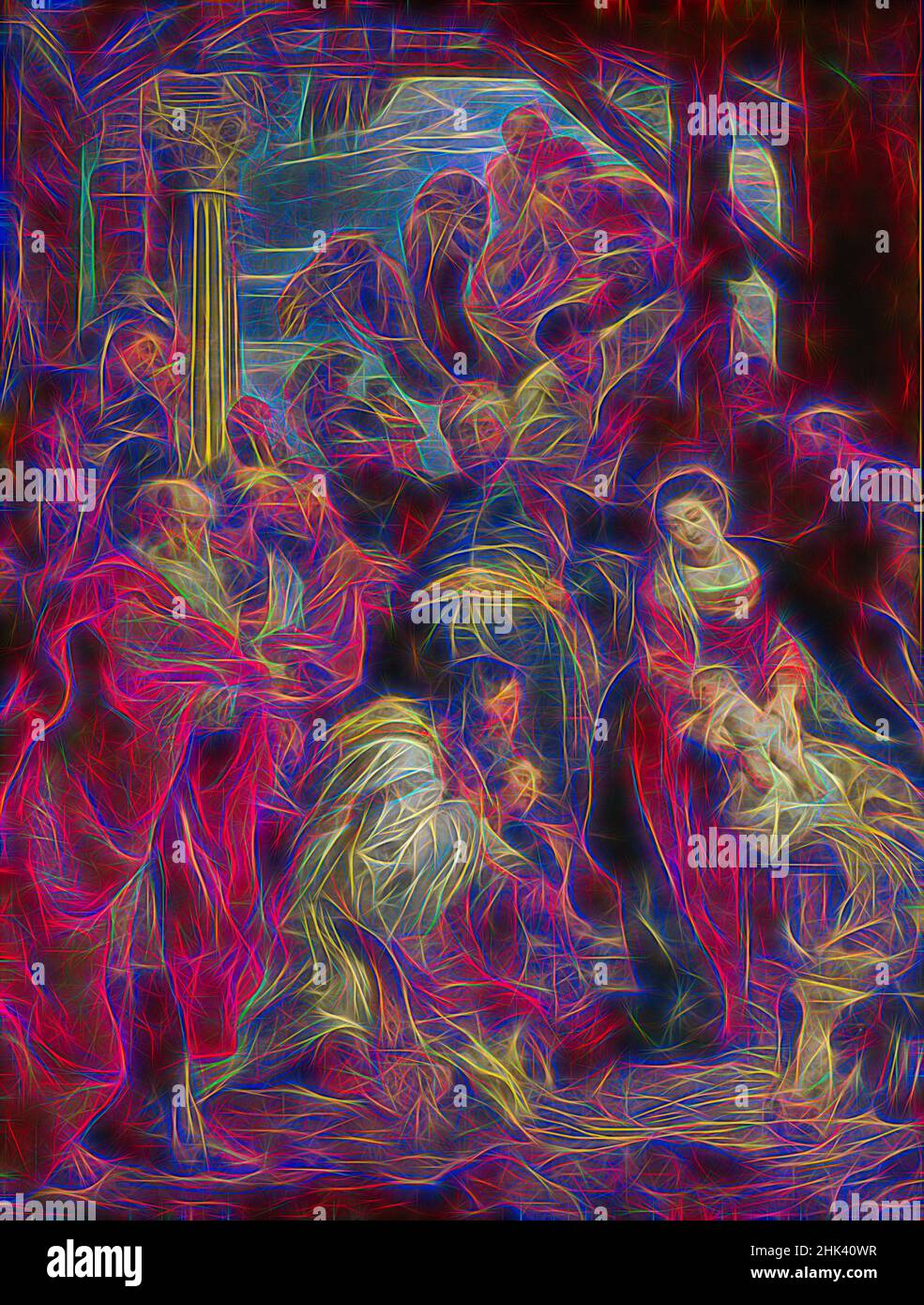 Inspiré par l'adoration des Rois, Peter Paul Rubens, (1624), peinture, (1624), Art belge, repensé par Artotop. L'art classique réinventé avec une touche moderne. Conception de lumière chaleureuse et gaie, de luminosité et de rayonnement de lumière. La photographie s'inspire du surréalisme et du futurisme, embrassant l'énergie dynamique de la technologie moderne, du mouvement, de la vitesse et révolutionne la culture Banque D'Images