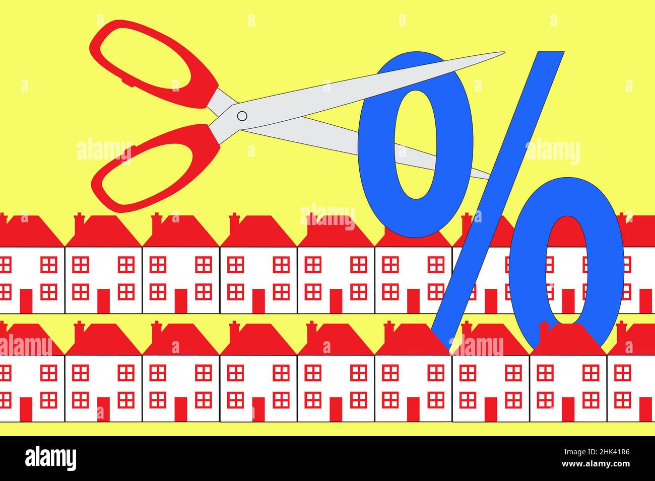 Une paire de ciseaux coupant et symbole de taux d'intérêt avec des rangées de maisons.Une illustration de la baisse des taux d'intérêt dans le secteur immobilier. Banque D'Images