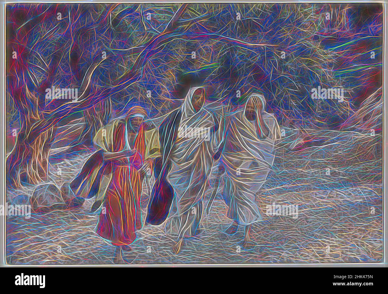 Inspiré par les pèlerins d'Emmaus sur la route, les pèlerins d'Emmaüs en chemin, la vie de notre Seigneur Jésus Christ, la vie de notre-Seigneur Jésus-Christ, Jacques Tissot, Français, 1836-1902, aquarelle opaque sur graphite sur papier vélin gris, France, 1886-1894, image: 7 7/16 x 10 5/8 po, 18,9 x 27 cm, repensé par Artotop. L'art classique réinventé avec une touche moderne. Conception de lumière chaleureuse et gaie, de luminosité et de rayonnement de lumière. La photographie s'inspire du surréalisme et du futurisme, embrassant l'énergie dynamique de la technologie moderne, du mouvement, de la vitesse et révolutionne la culture Banque D'Images